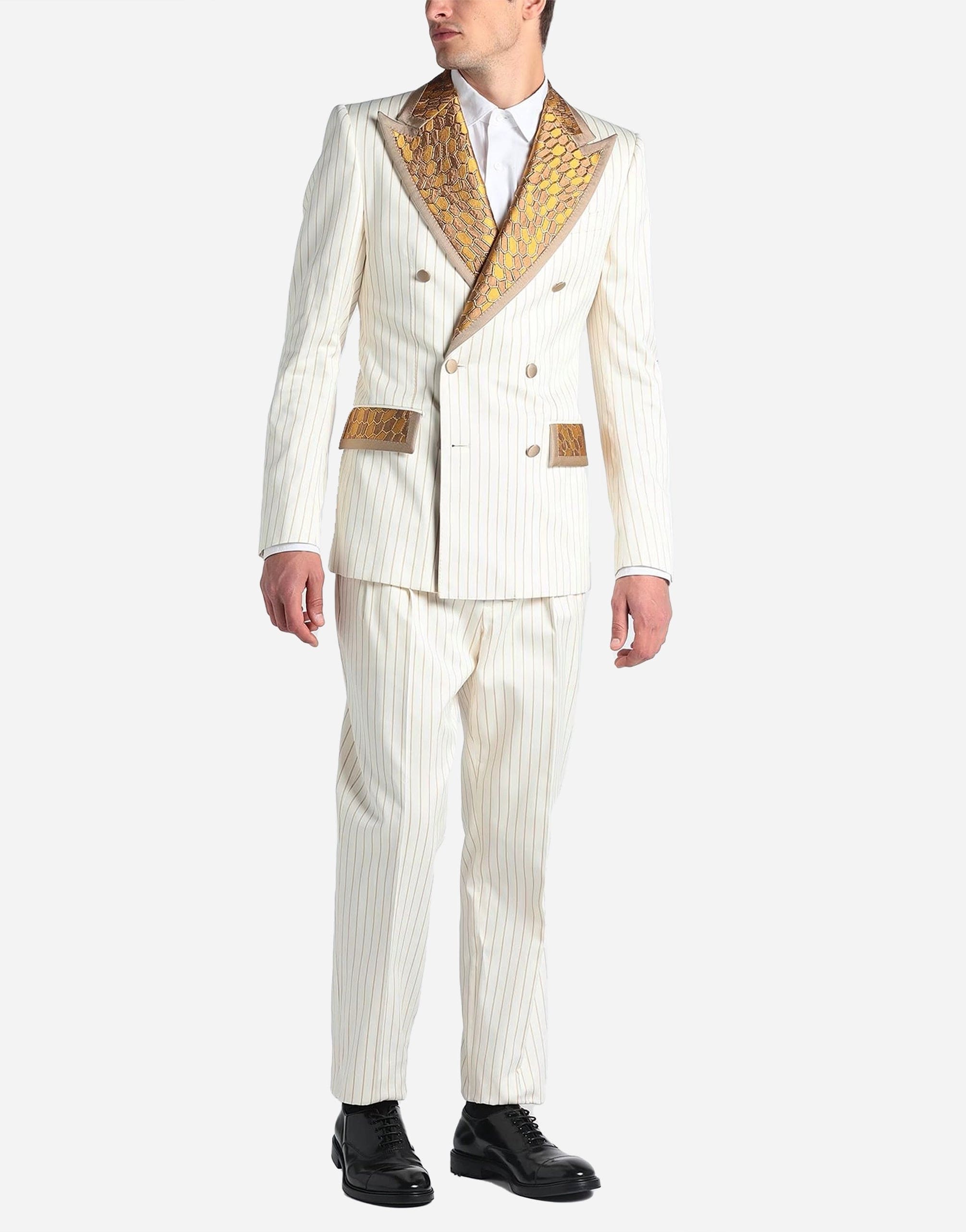 Dolce & Gabbana Off White Gold Striped Tuxedo Slim Fit Suit