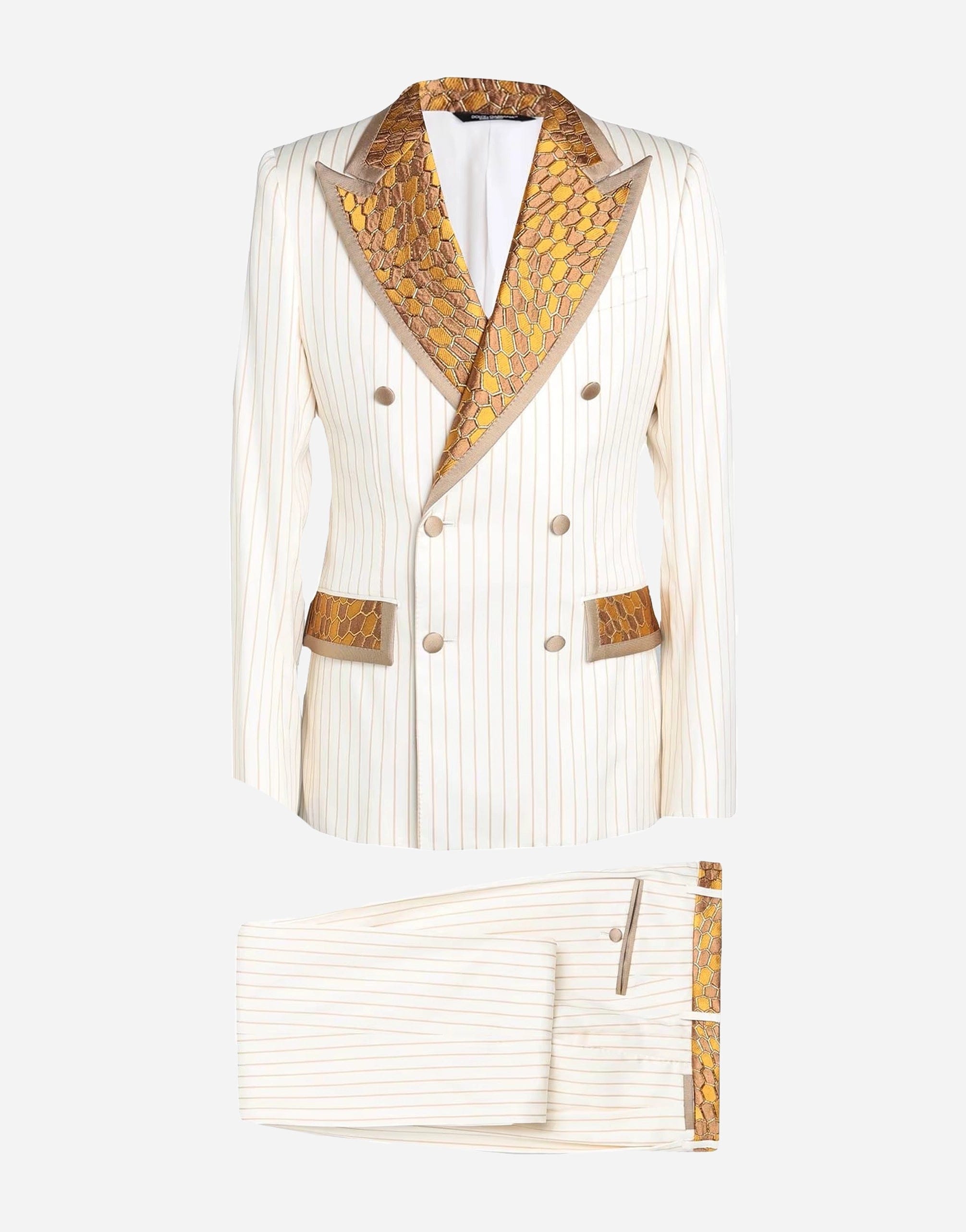 Dolce & Gabbana Off White Gold Striped Tuxedo Slim Fit Suit