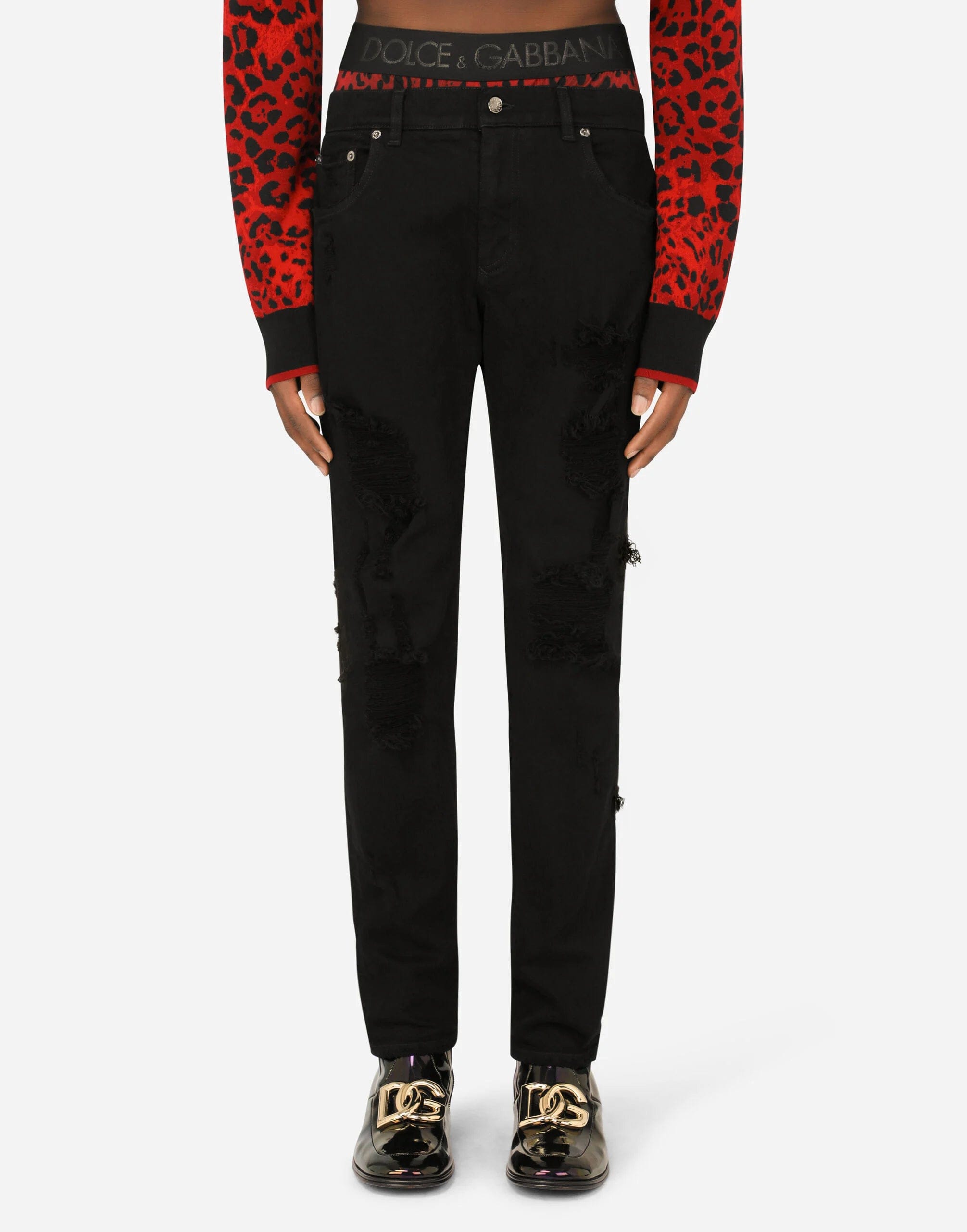 Dolce & Gabbana Black Slim Fit Tattered Denim Cotton Jeans