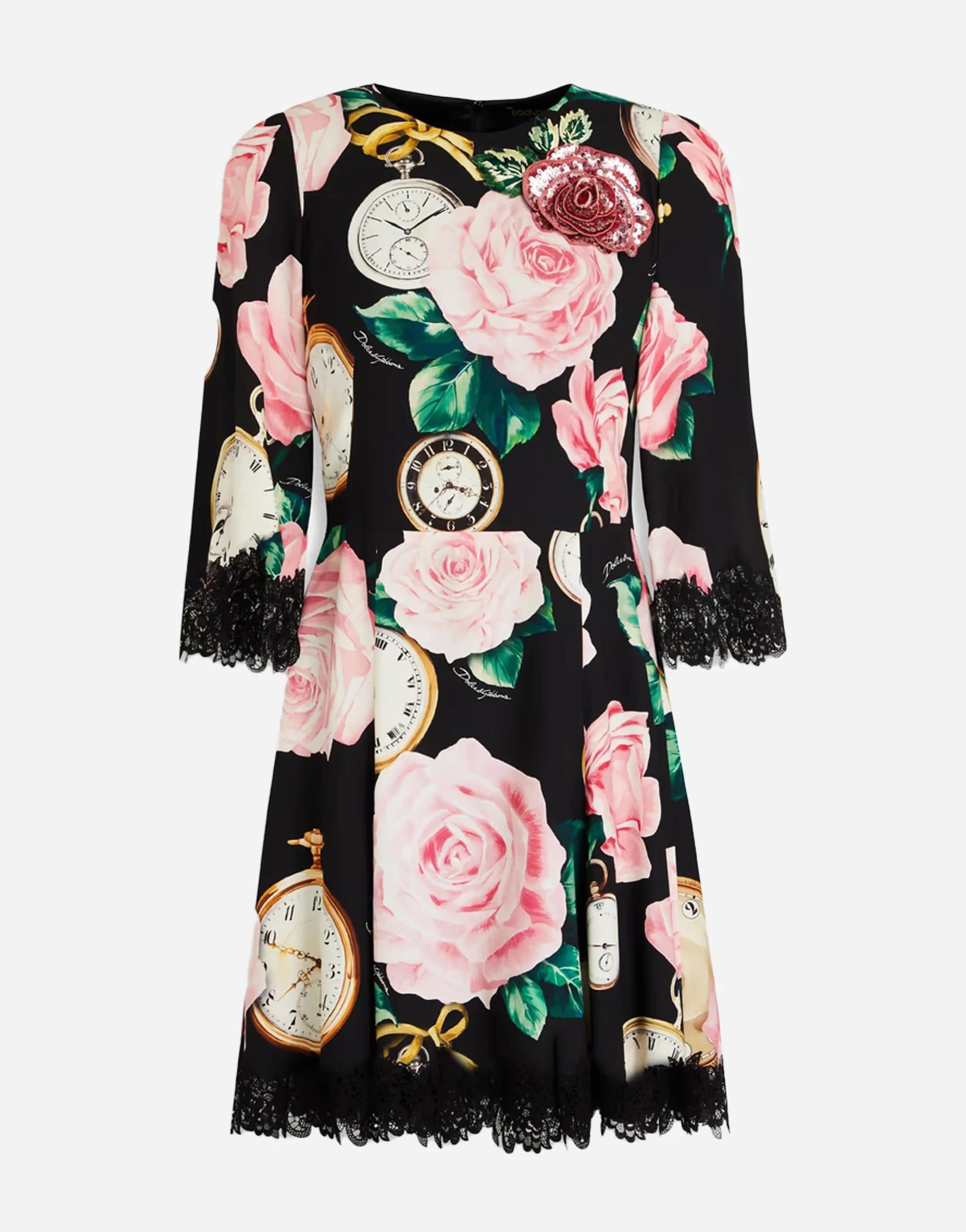 Dolce & Gabbana Lace-Trimmed Printed Silk-Blend Crepe Mini Dress