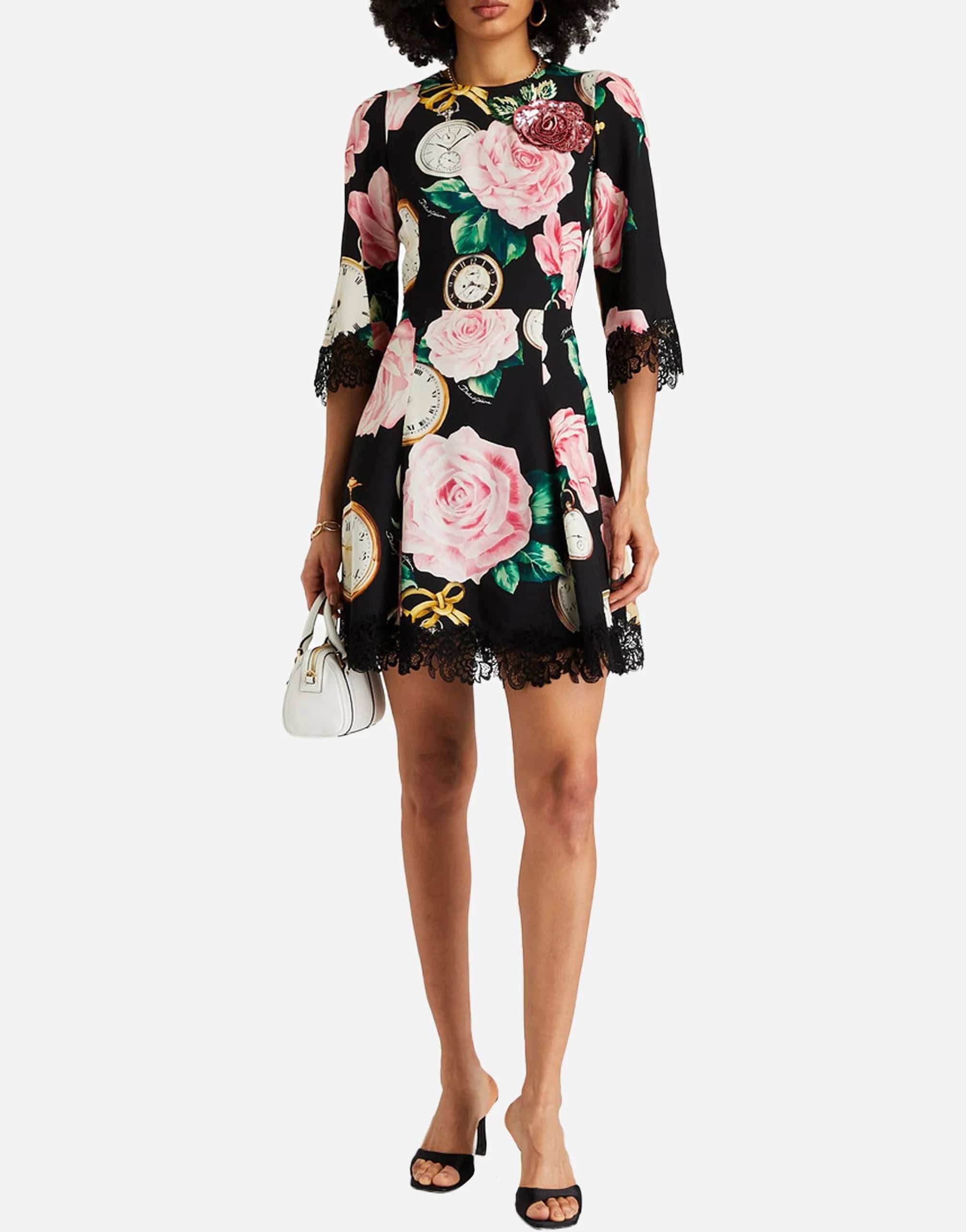 Dolce & Gabbana Lace-Trimmed Printed Silk-Blend Crepe Mini Dress