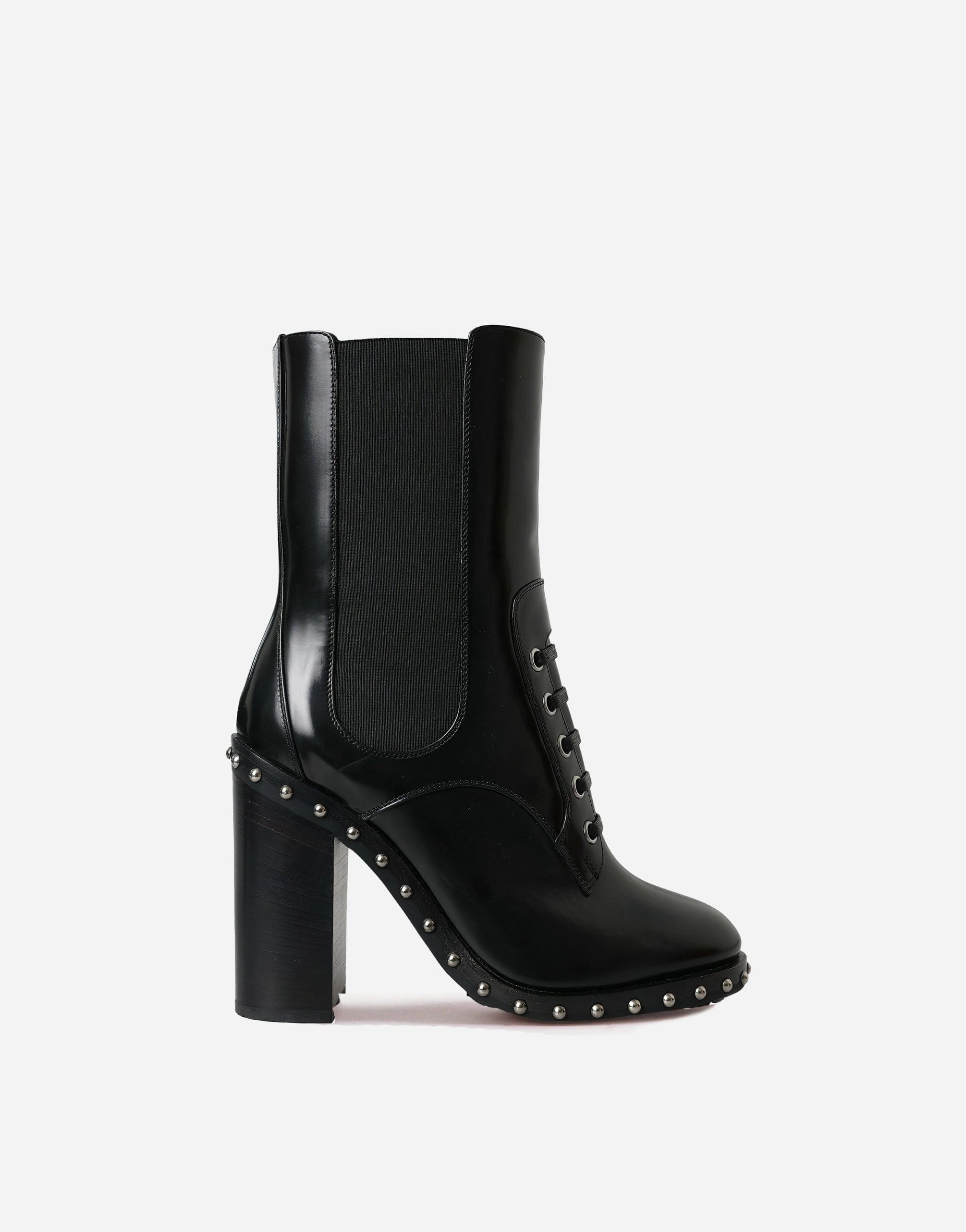 Dolce & Gabbana Black Leather Studded Lace Up Boots Shoes