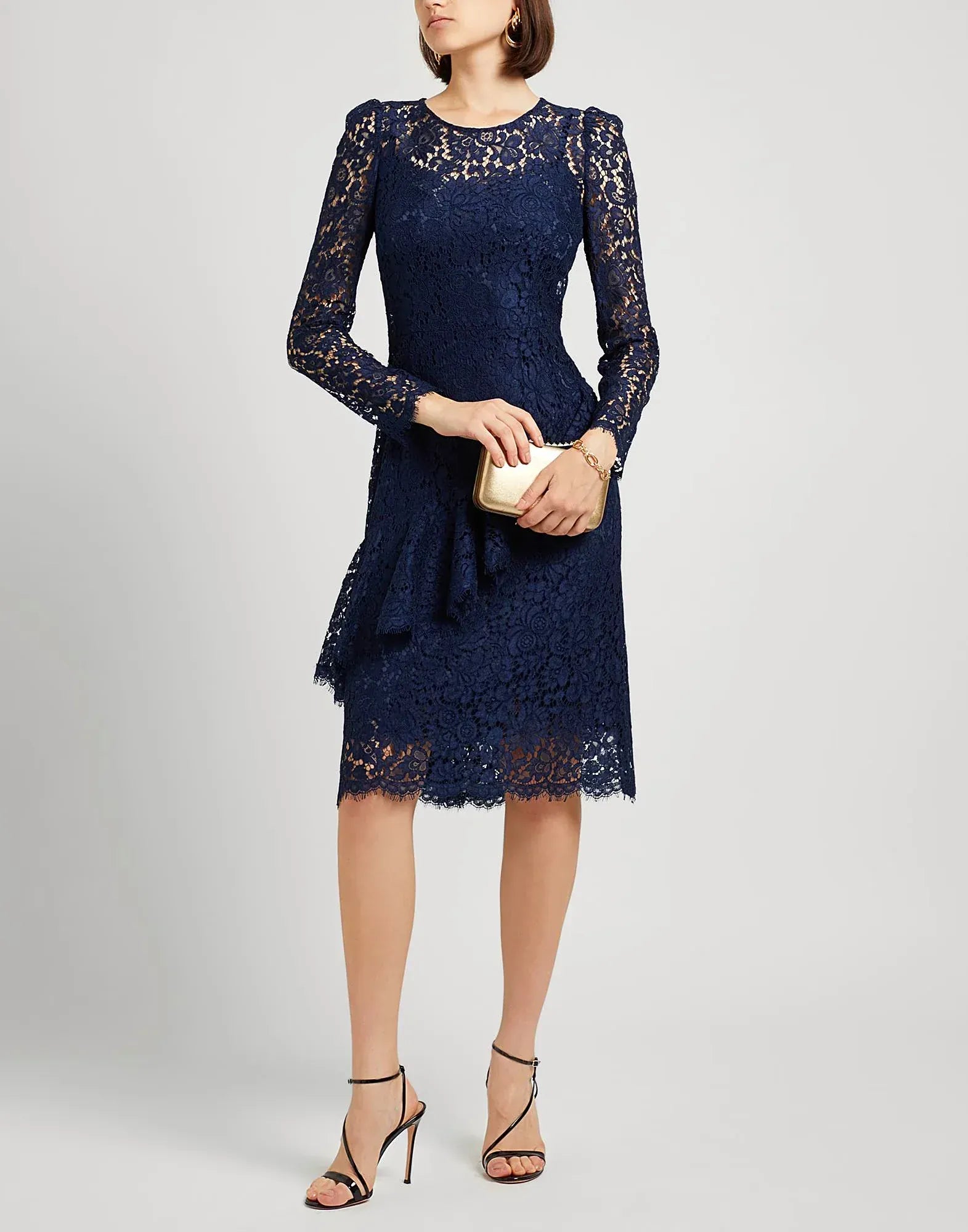 Floral Lace Long Sleeve Asymmetrical Ruffle Dress