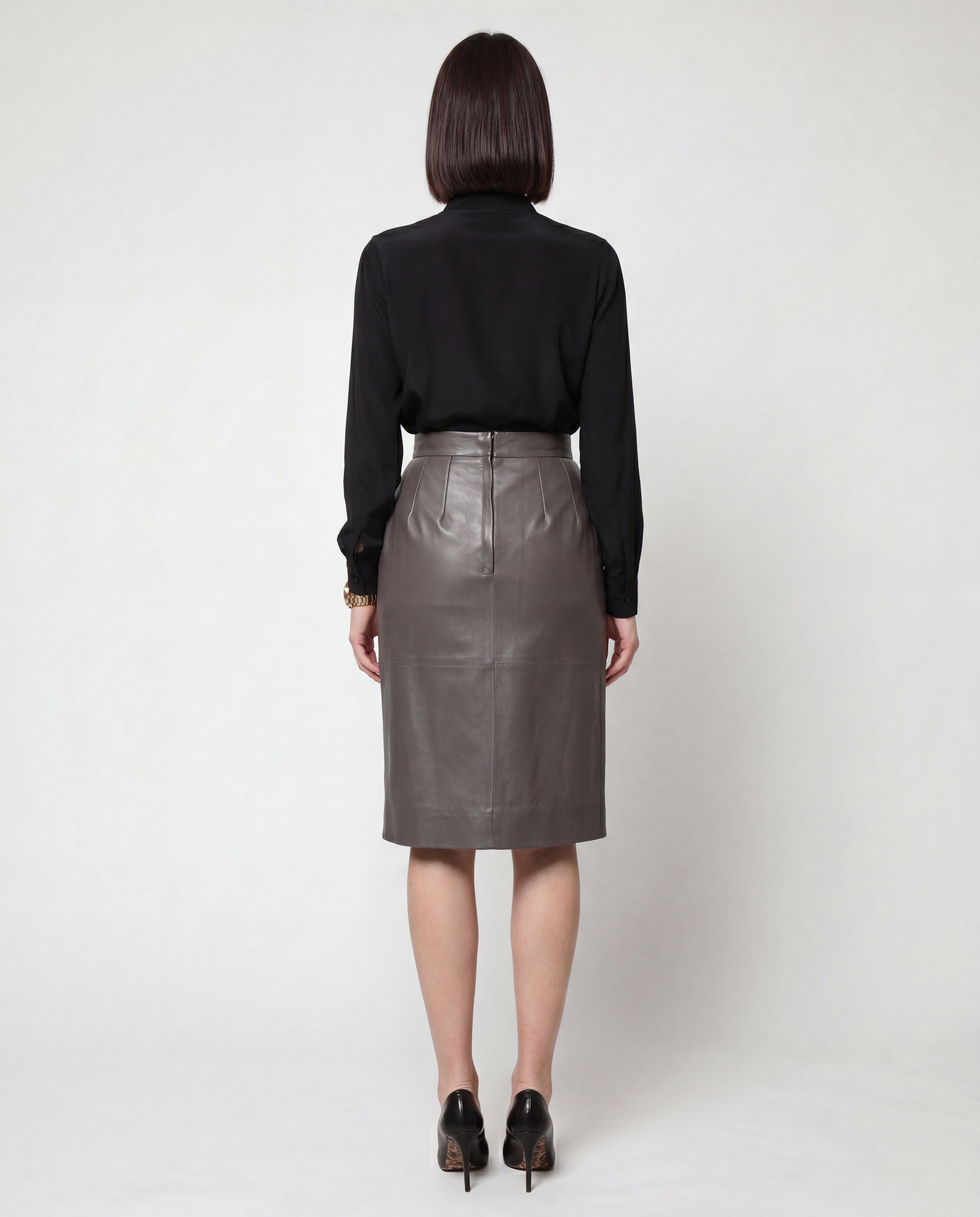 Dolce & Gabbana Taupe Leather Pencil Midi Skirt detail view