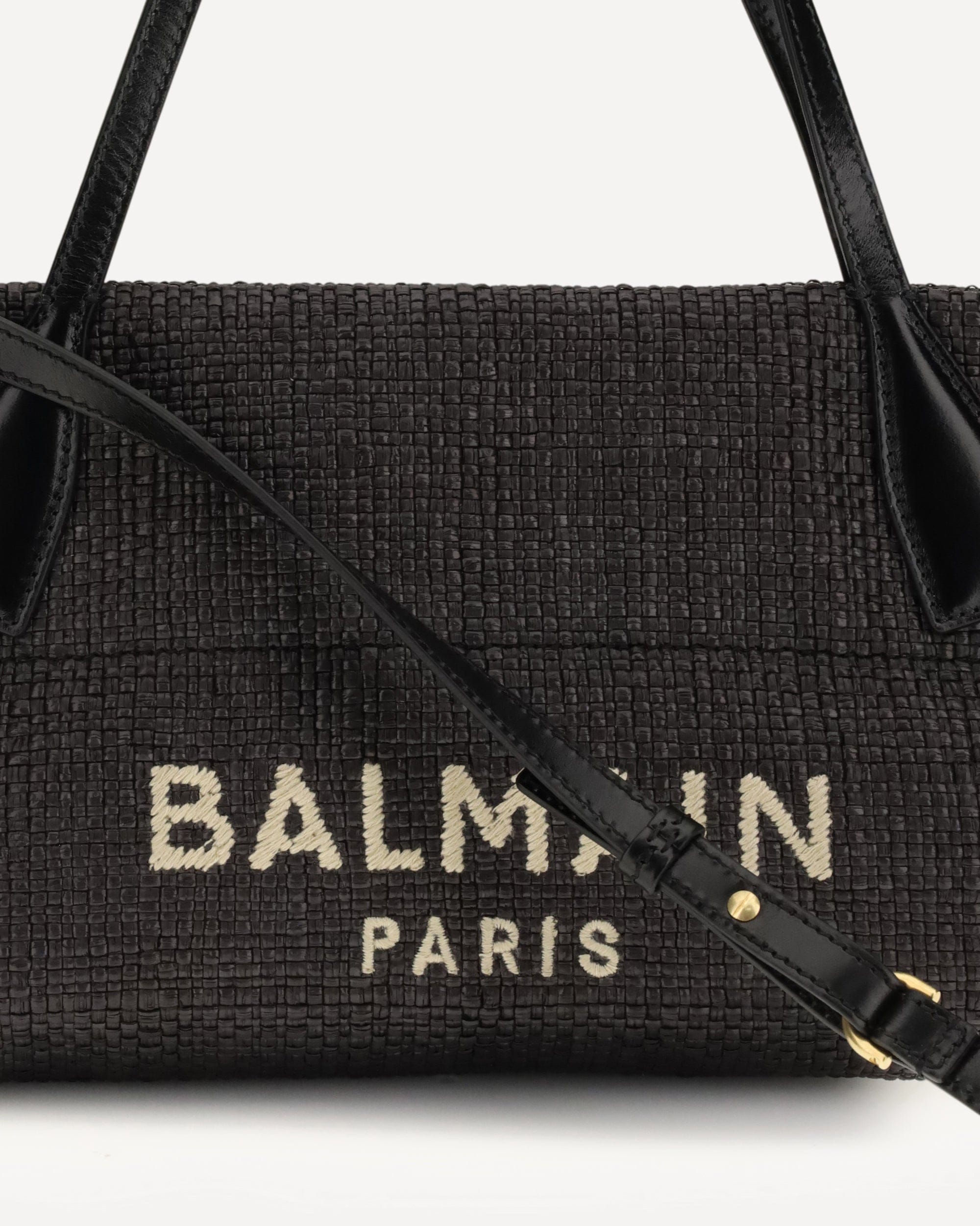 Balmain Calfskin And Raffia Track Shoulder Bag