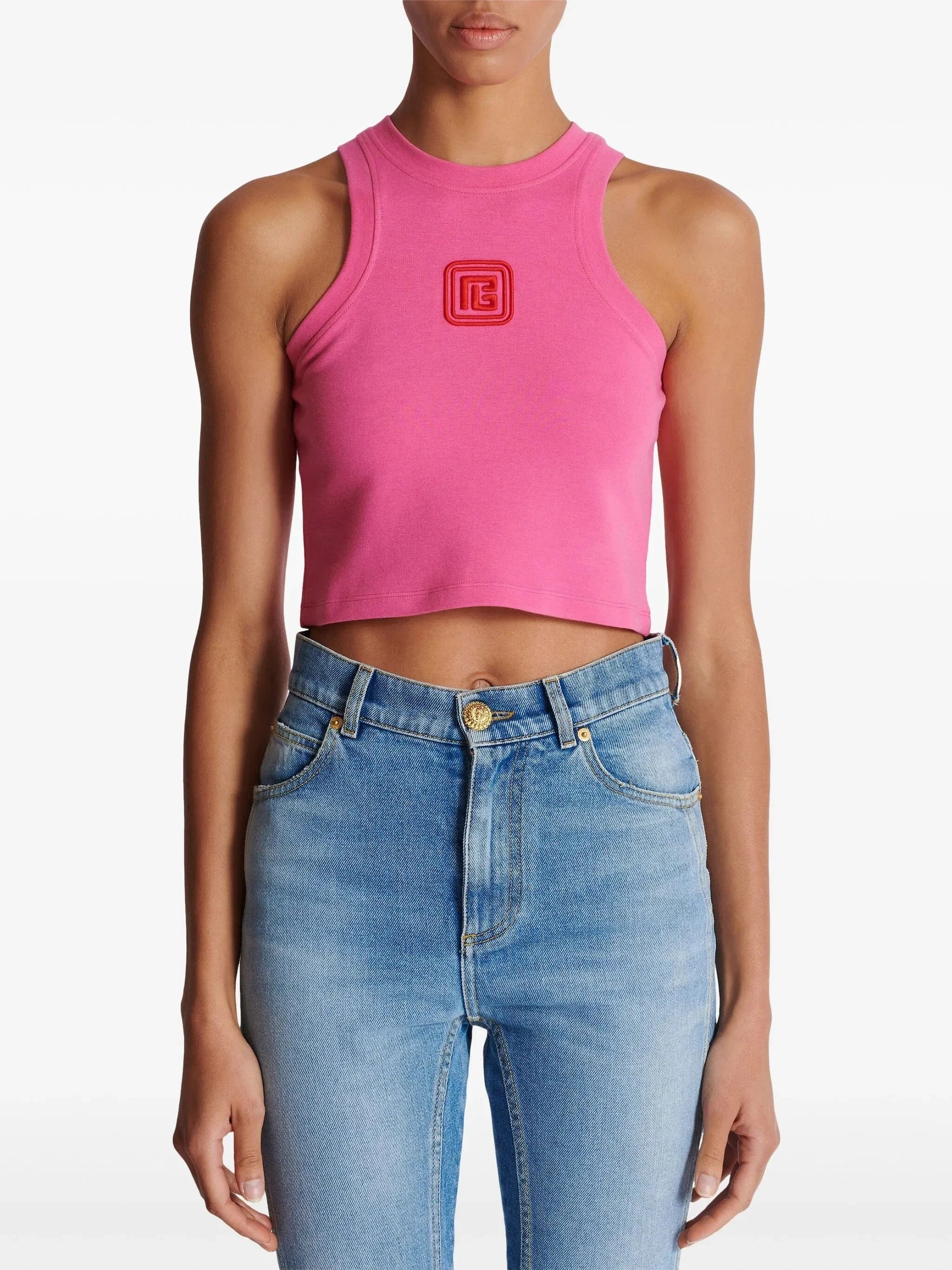 Balmain Logo-Embroidered Cropped Tank Top