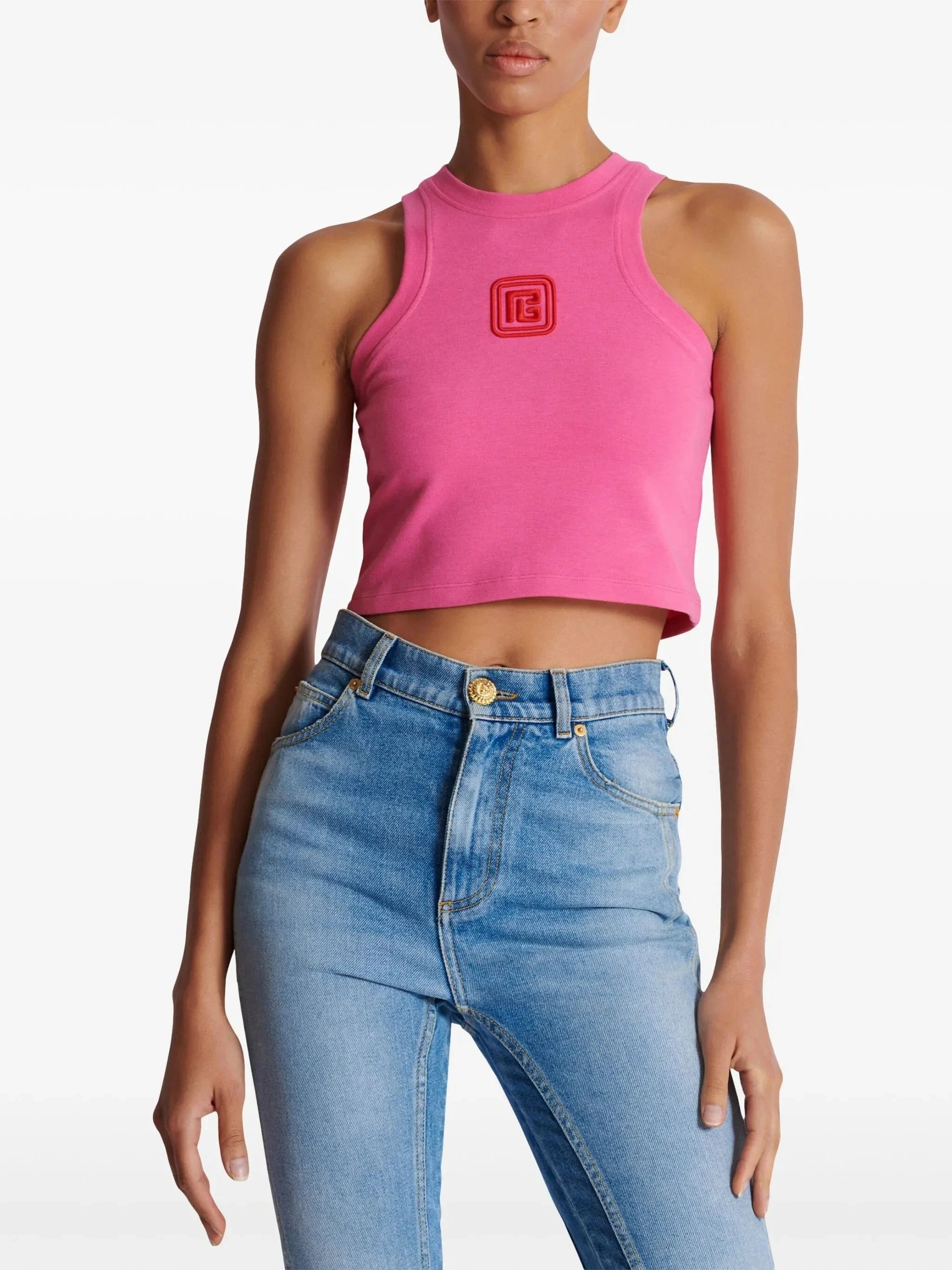 Balmain Logo-Embroidered Cropped Tank Top