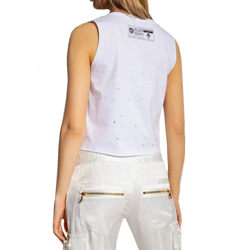 Balmain Printed Cotton Cropped Sleeveless T- Shirt