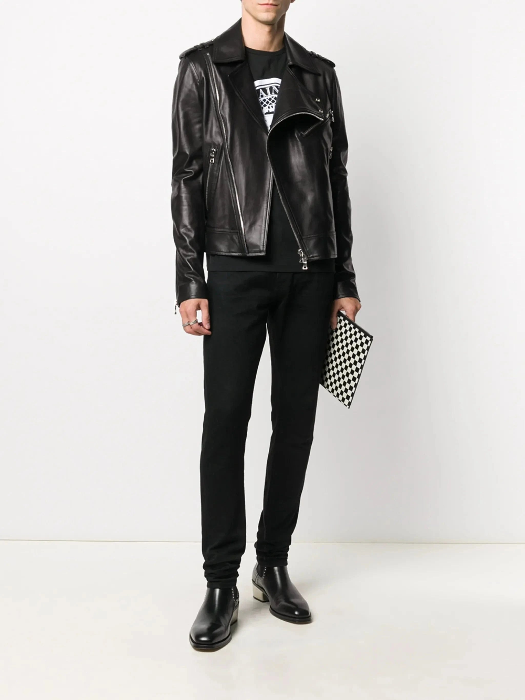 Balmain Silver Zip-Detail Biker Jacket