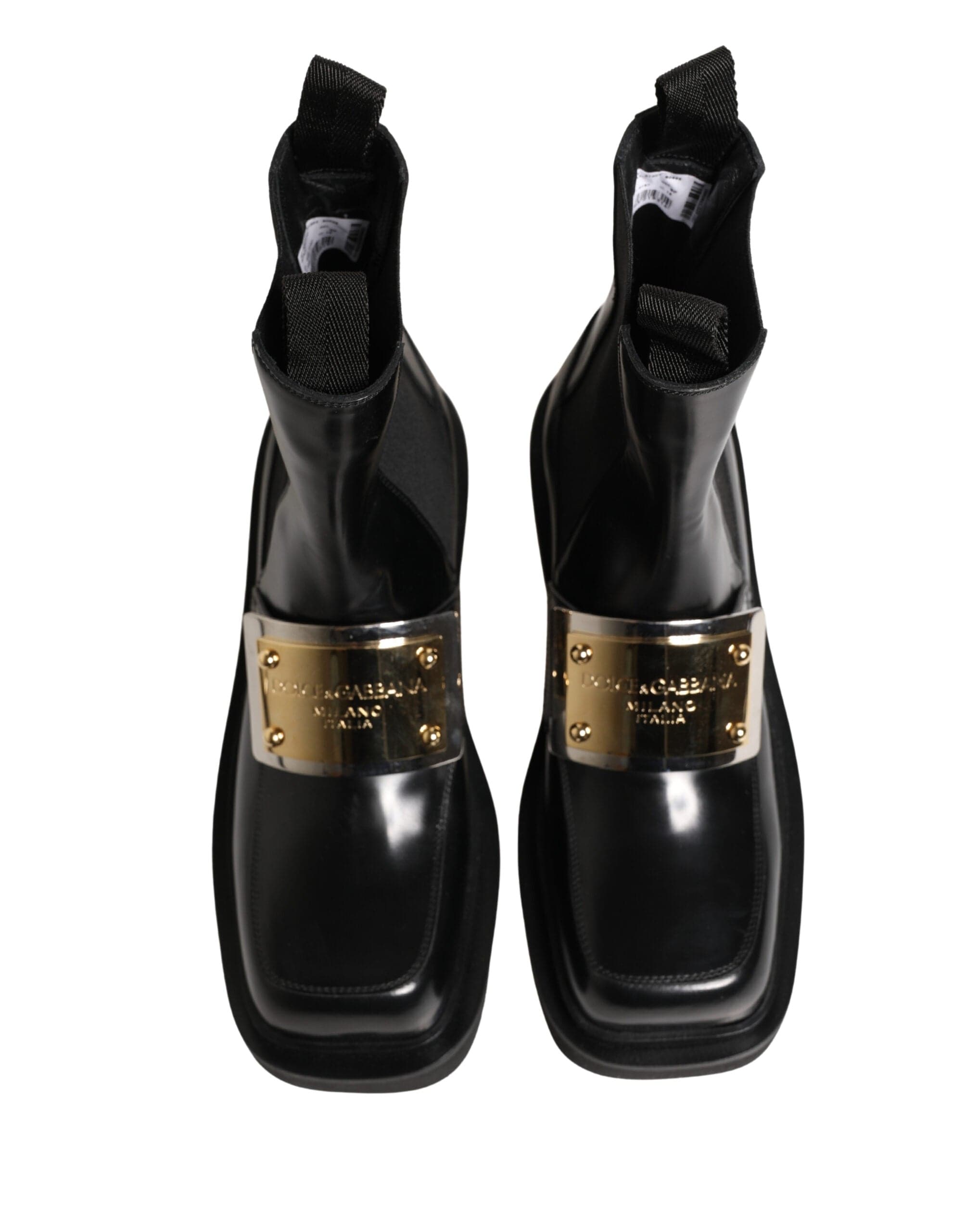 Dolce & Gabbana Black Leather Logo Plaque Ankle Boots Shoes