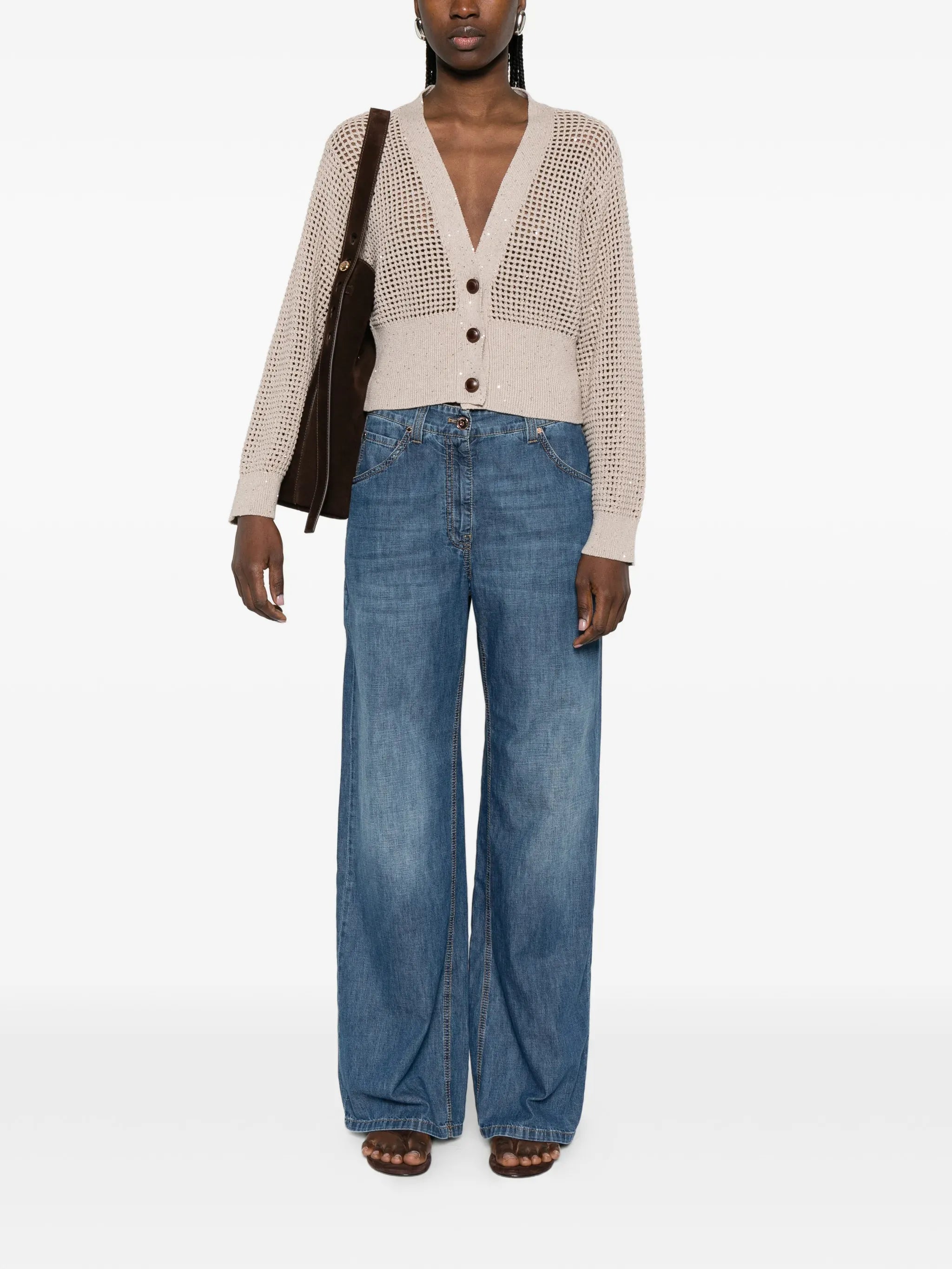 Brunello Cucinelli Beige Sequin-Embellished Cardigan