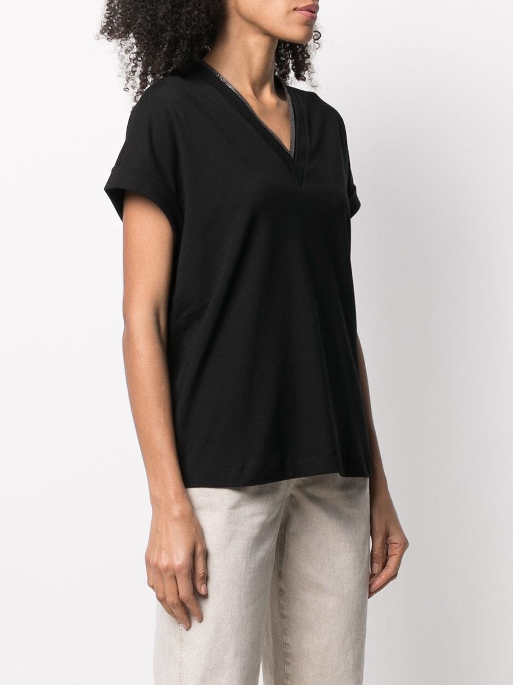 Brunello Cucinelli Black Cotton V-Necked T-Shirt