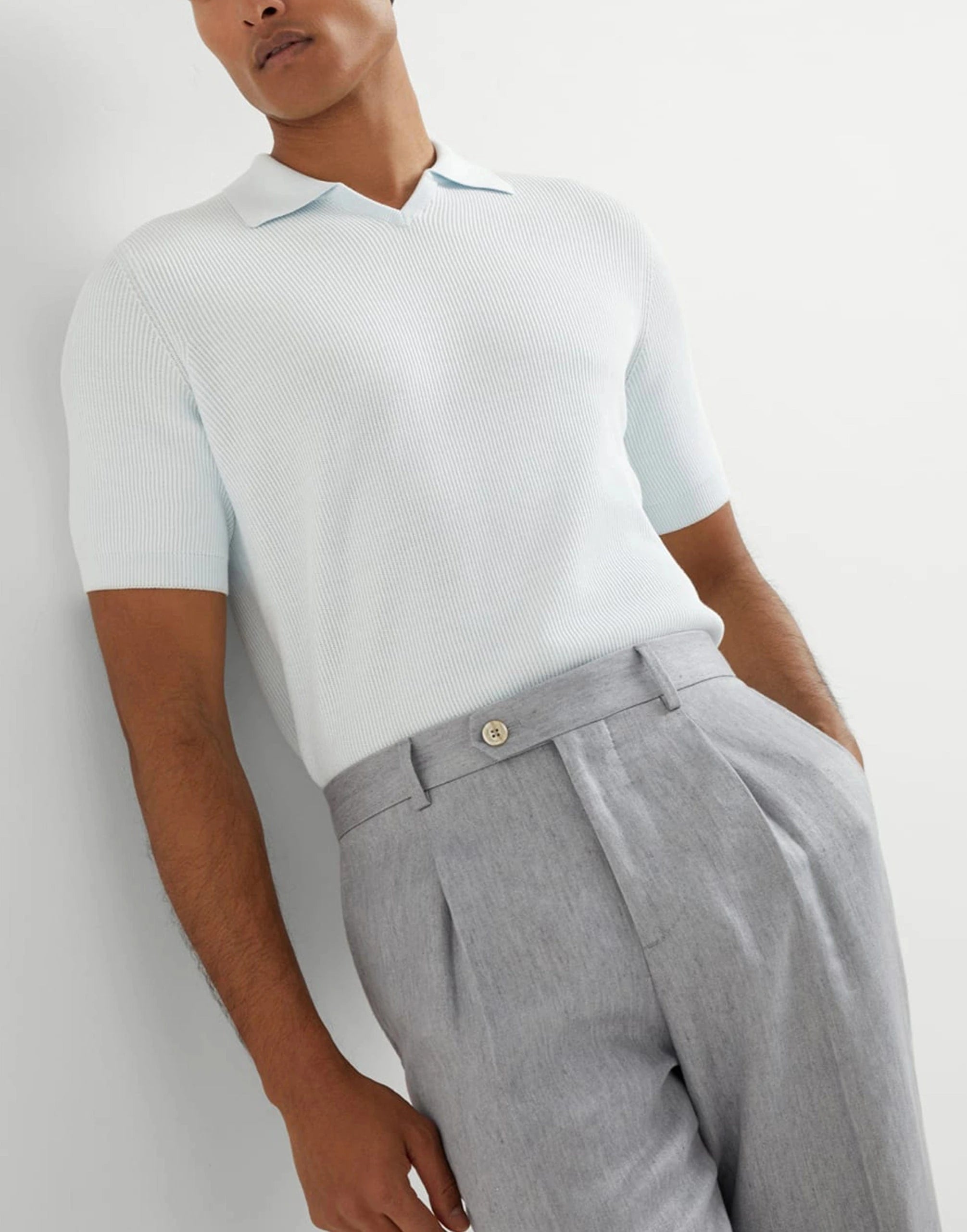 Brunello Cucinelli Blue Rib Knit Polo Shirt