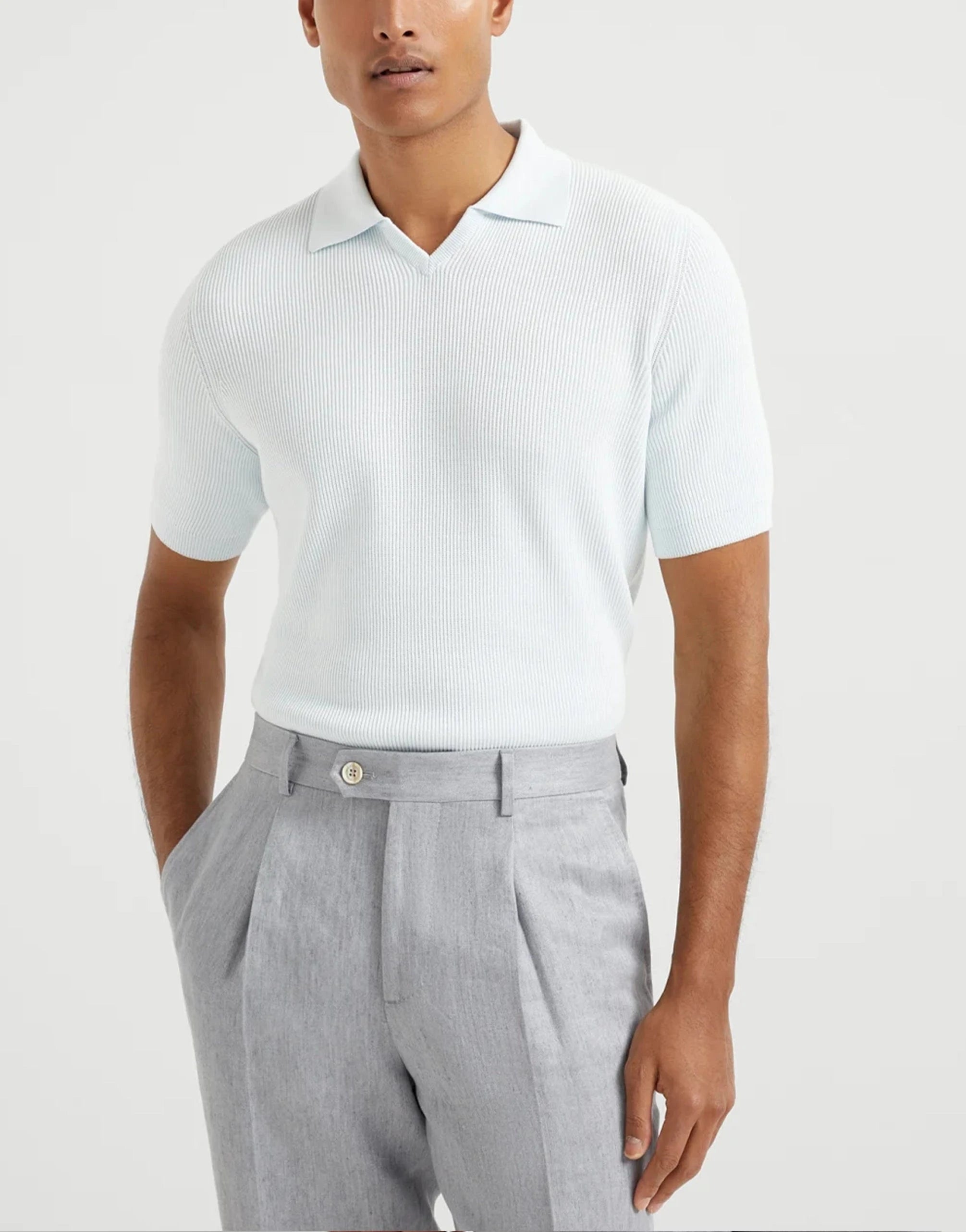 Brunello Cucinelli Blue Rib Knit Polo Shirt