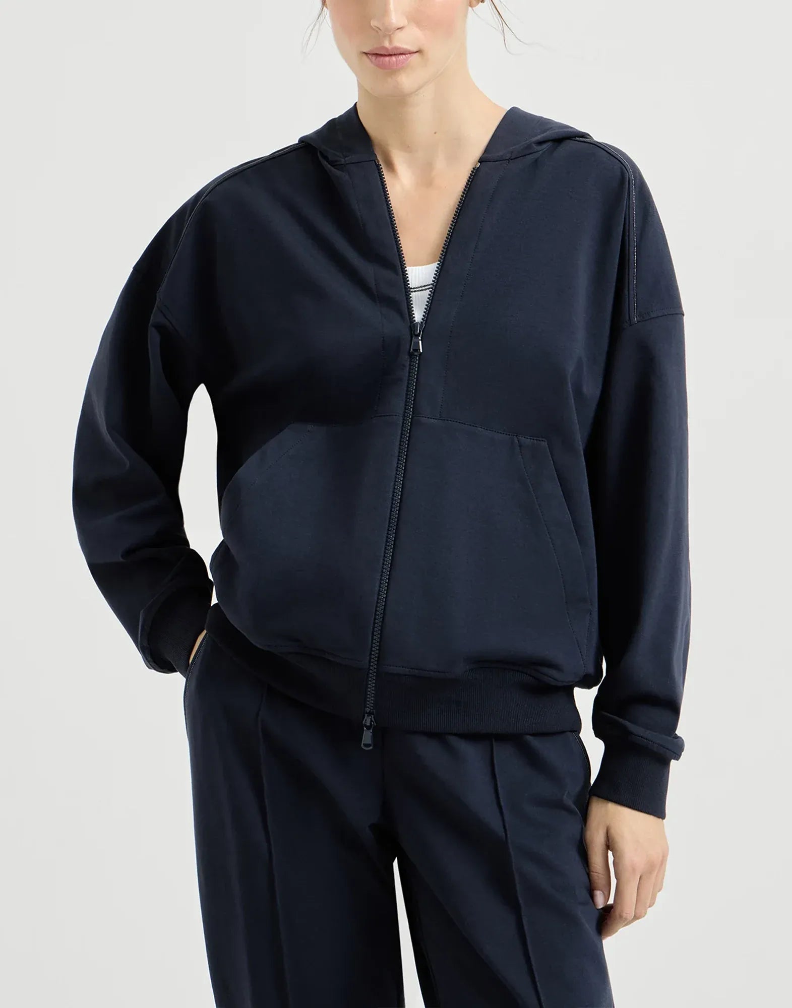 Brunello Cucinelli Blue Stretch Cotton French Terry Hoodie