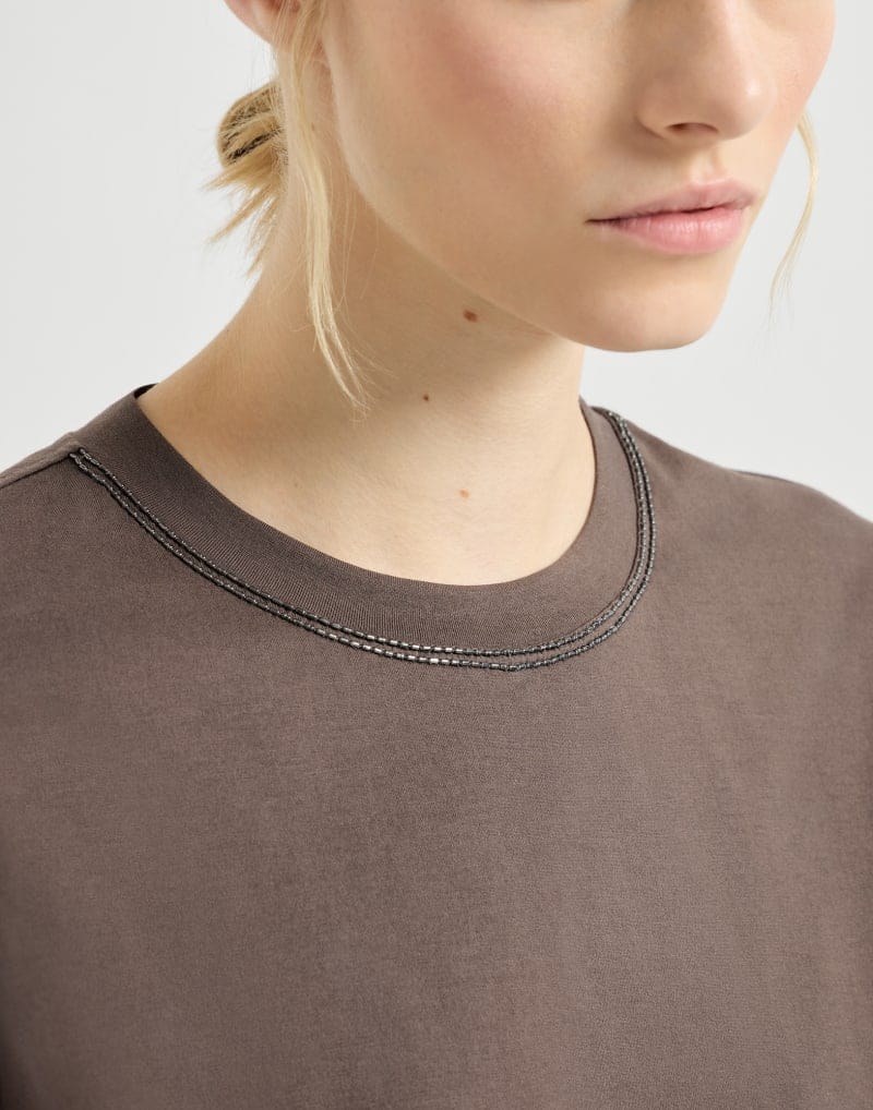 Brunello Cucinelli Brown Shiny Trims Cotton T-Shirt
