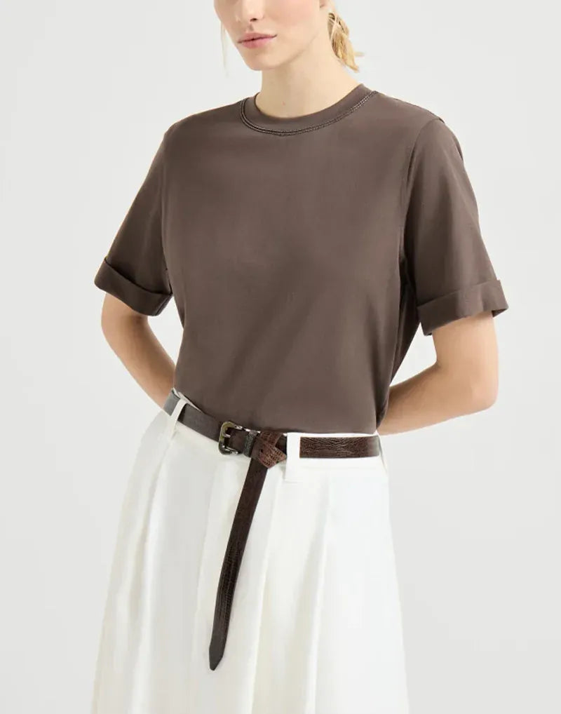 Brunello Cucinelli Brown Shiny Trims Cotton T-Shirt
