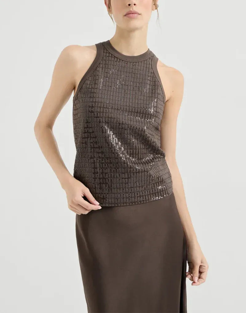 Brunello Cucinelli Brown Stretch Dazzling Check Tank Top