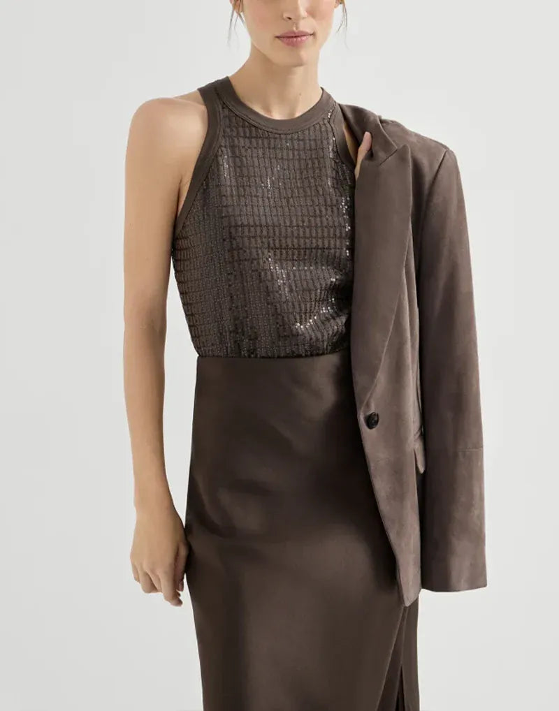 Brunello Cucinelli Brown Stretch Dazzling Check Tank Top