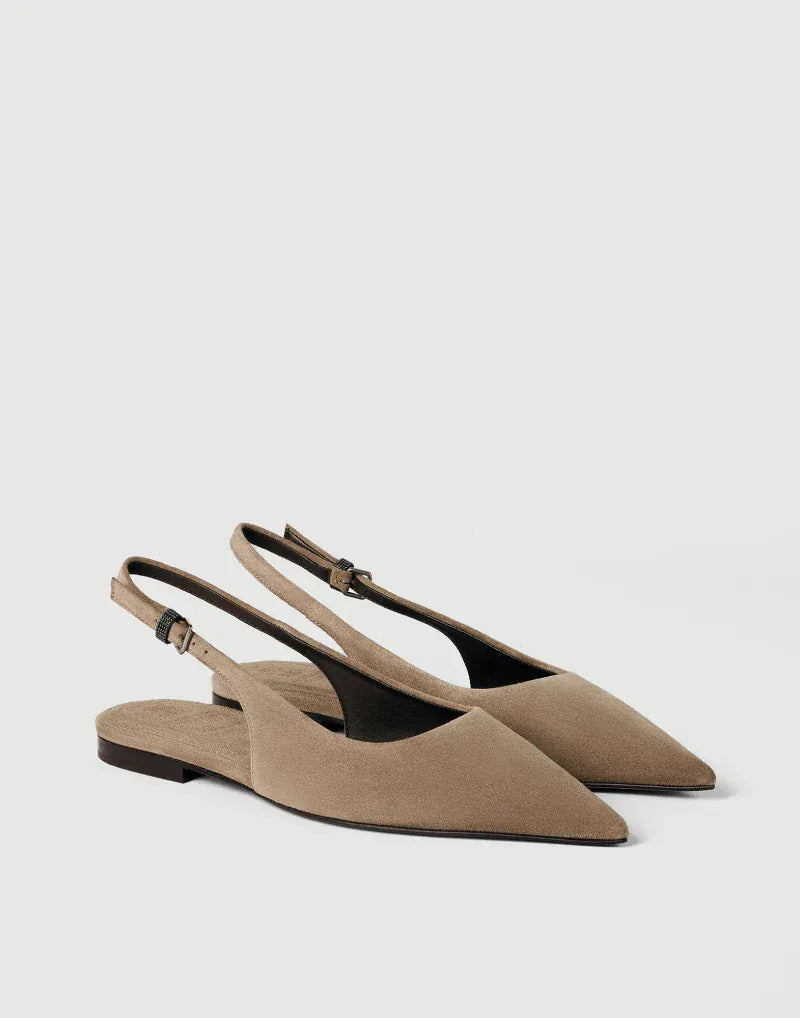 Brunello Cucinelli Brown Suede Shiny Detail Flat Slingbacks