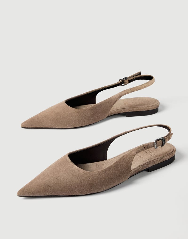 Brunello Cucinelli Brown Suede Shiny Detail Flat Slingbacks