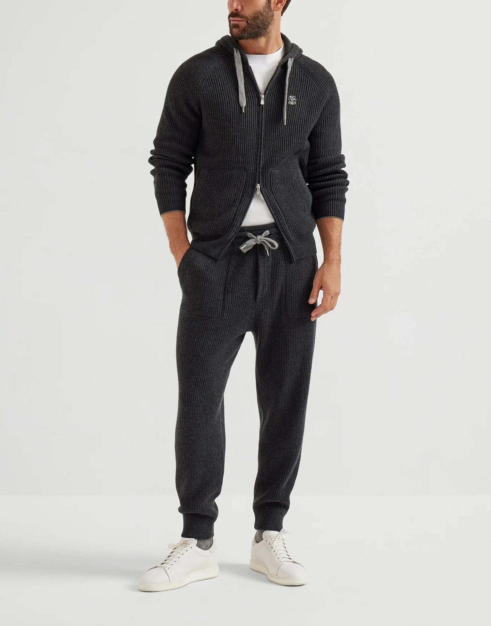 Brunello Cucinelli Cashmere English Rib Knit Logo Hoodie
