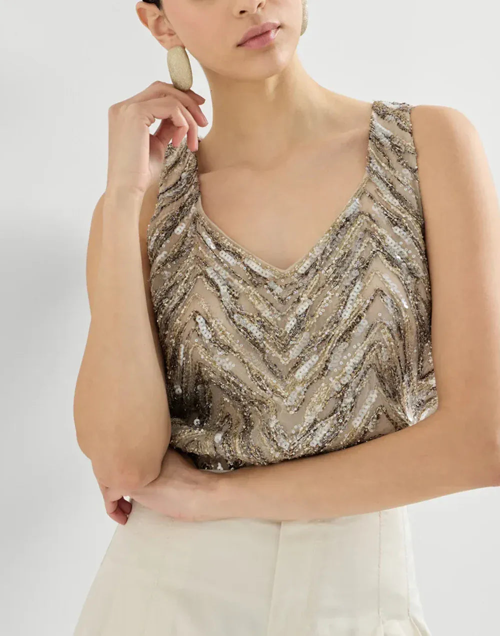 Brunello Cucinelli Chevron Embroidery Dazzling Top