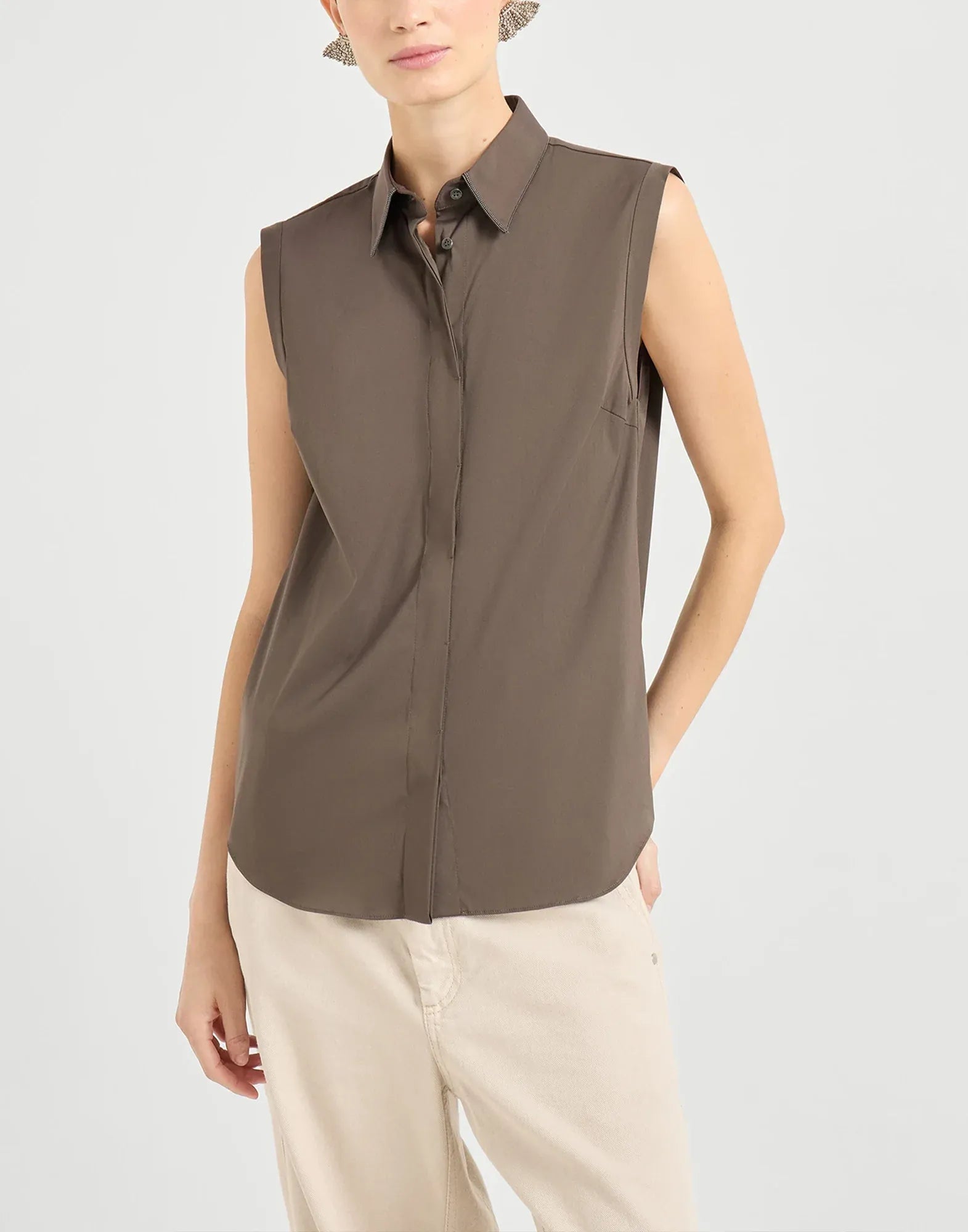 Brunello Cucinelli Cotton Shiny Trim Sleeveless Shirt