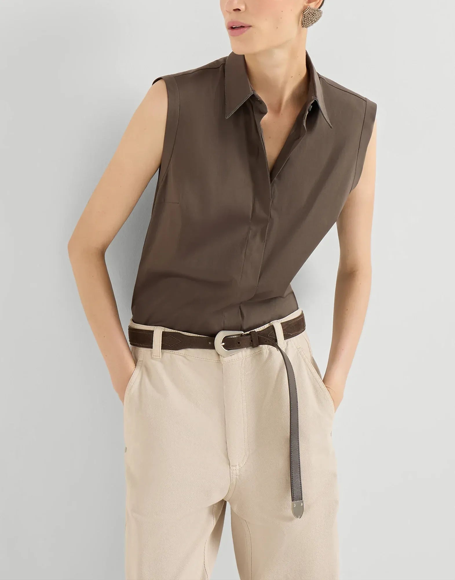 Brunello Cucinelli Cotton Shiny Trim Sleeveless Shirt