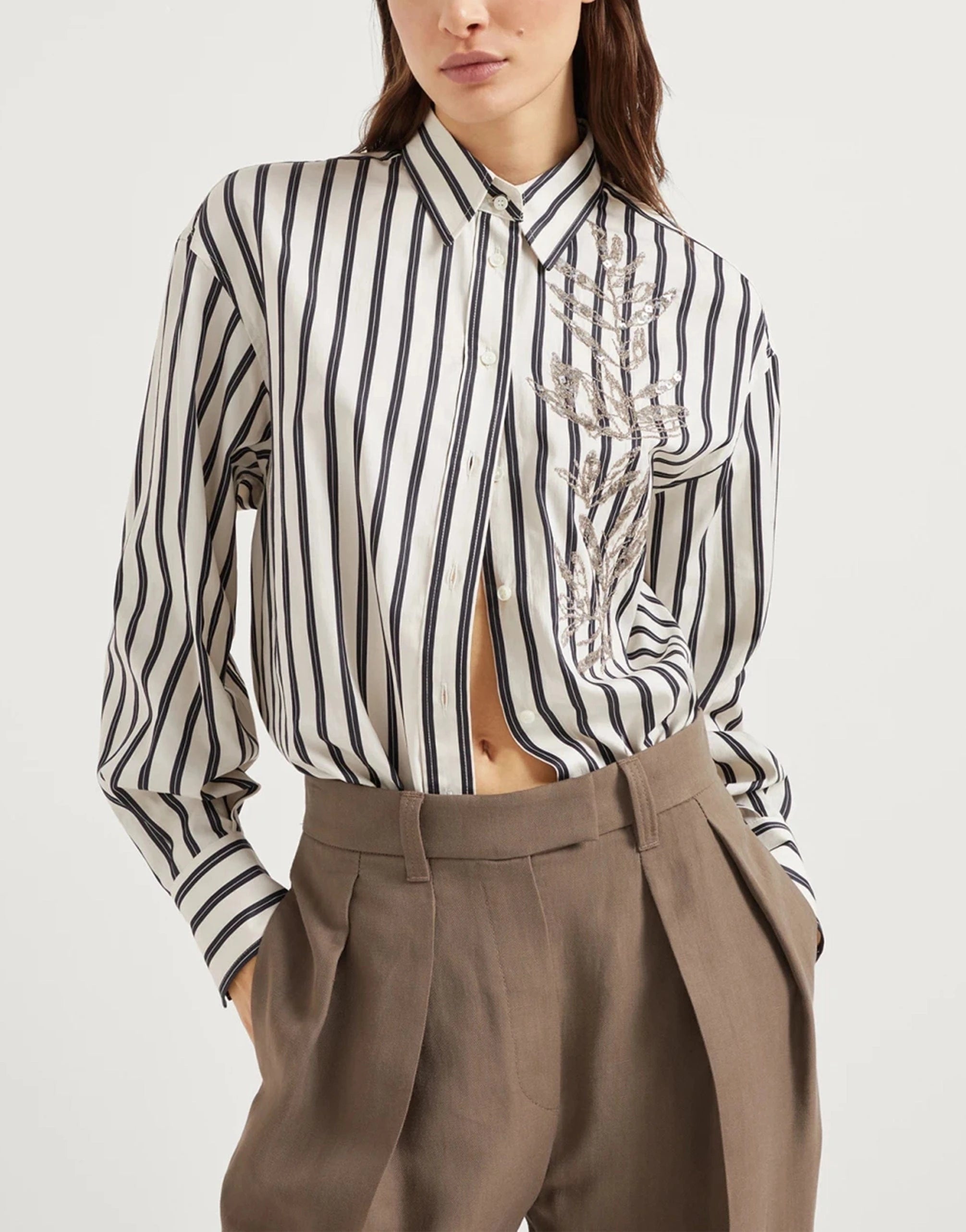 Brunello Cucinelli Cotton-Silk Flora Embroidery Shirt