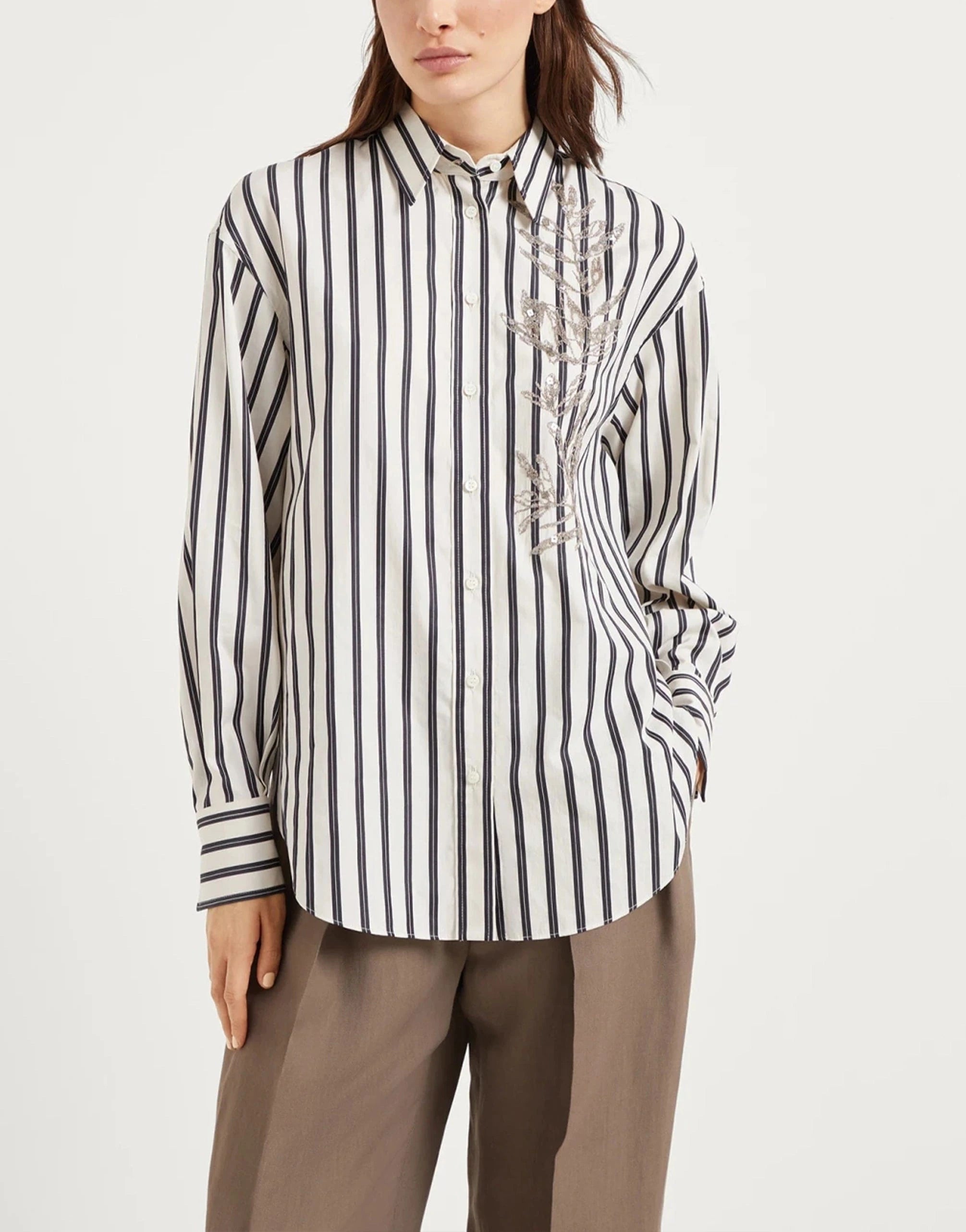 Brunello Cucinelli Cotton-Silk Flora Embroidery Shirt