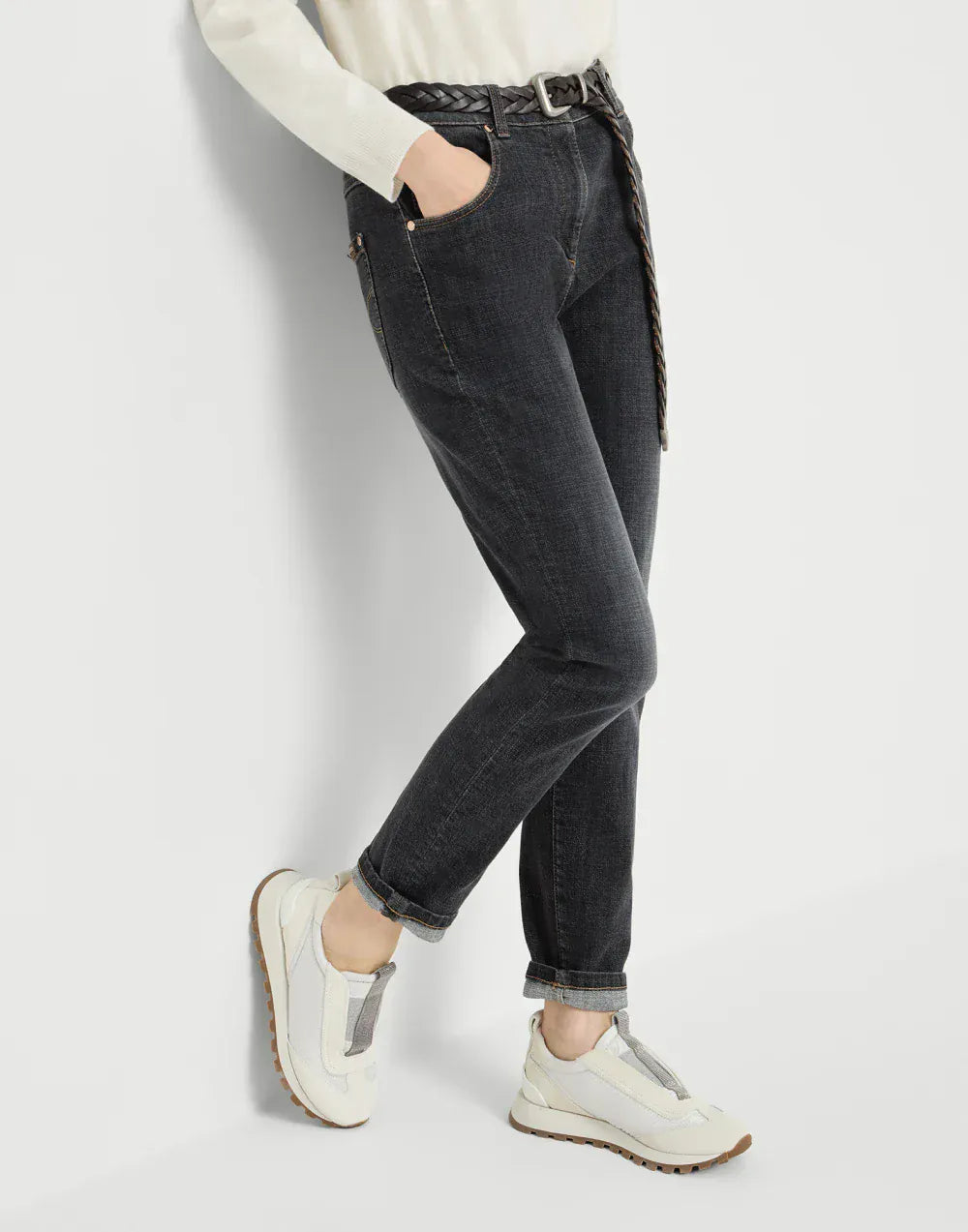 Brunello Cucinelli Dark Grey Stretch Denim Slim Jeans