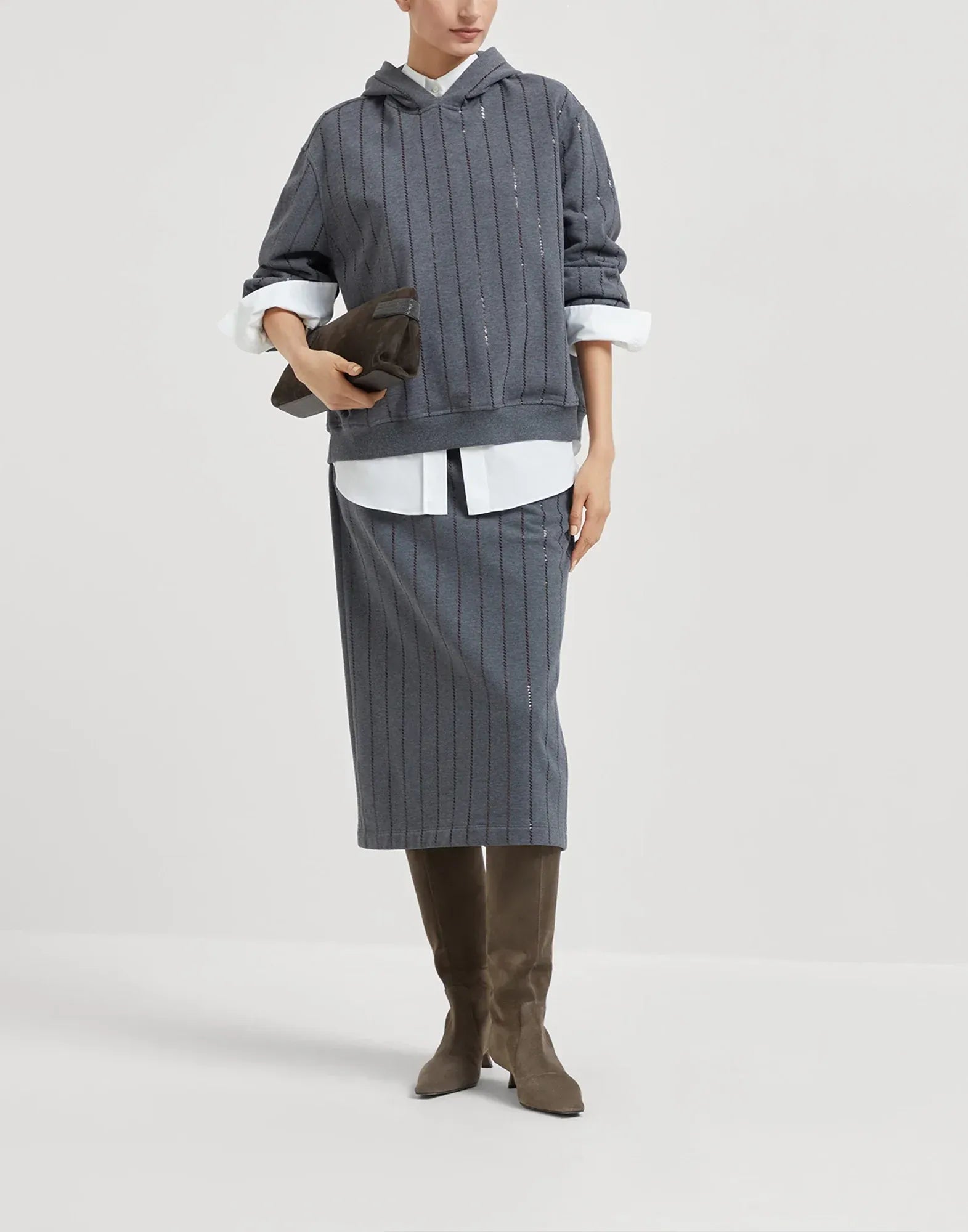 Brunello Cucinelli Dazzling Chalk Stripe Midi Skirt