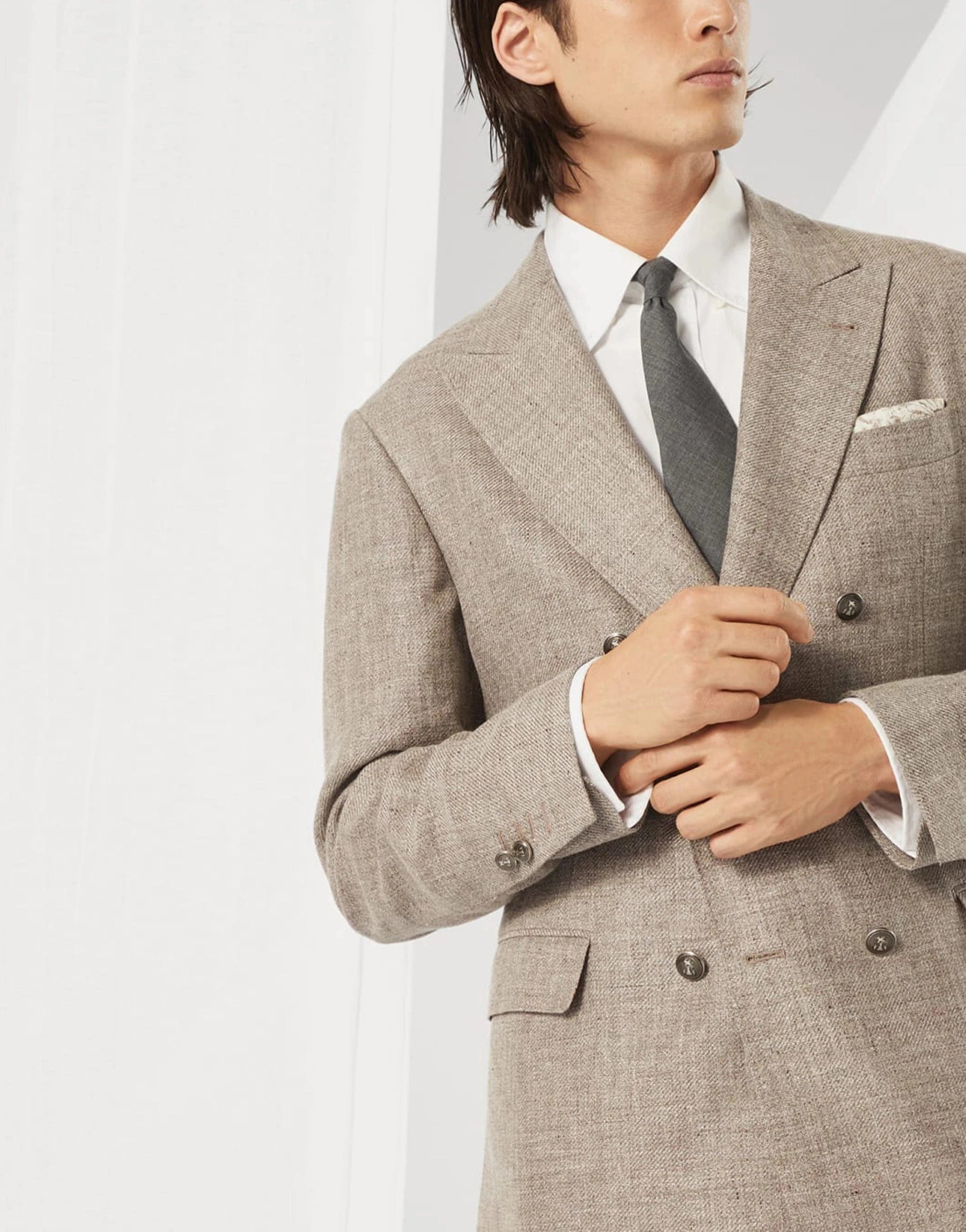 Brunello Cucinelli Diagonal Deconstructed Double-Breasted Blazer