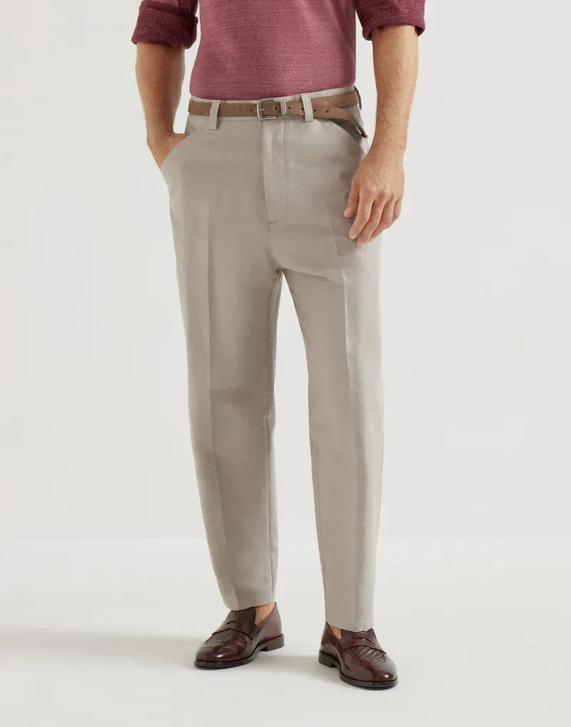 Brunello Cucinelli Dove Grey Cotton-Linen Blend Trousers