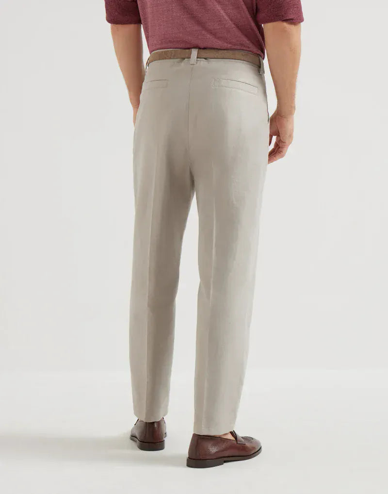 Brunello Cucinelli Dove Grey Cotton-Linen Blend Trousers