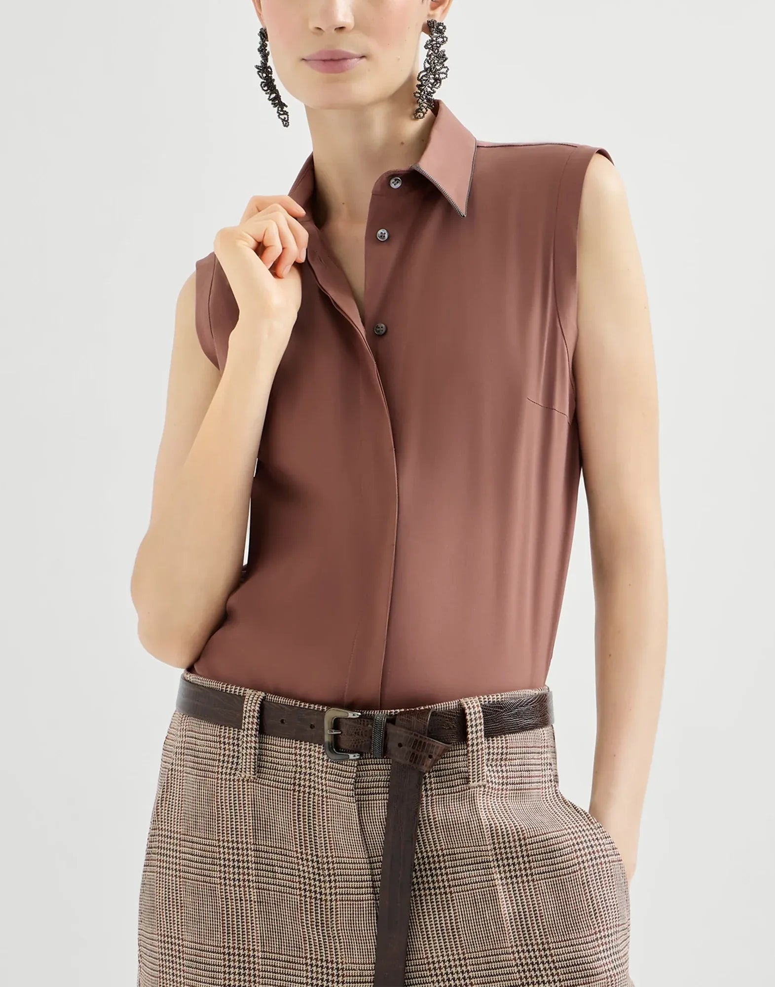 Brunello Cucinelli Firebrick Cotton Poplin Sleeveless Shirt