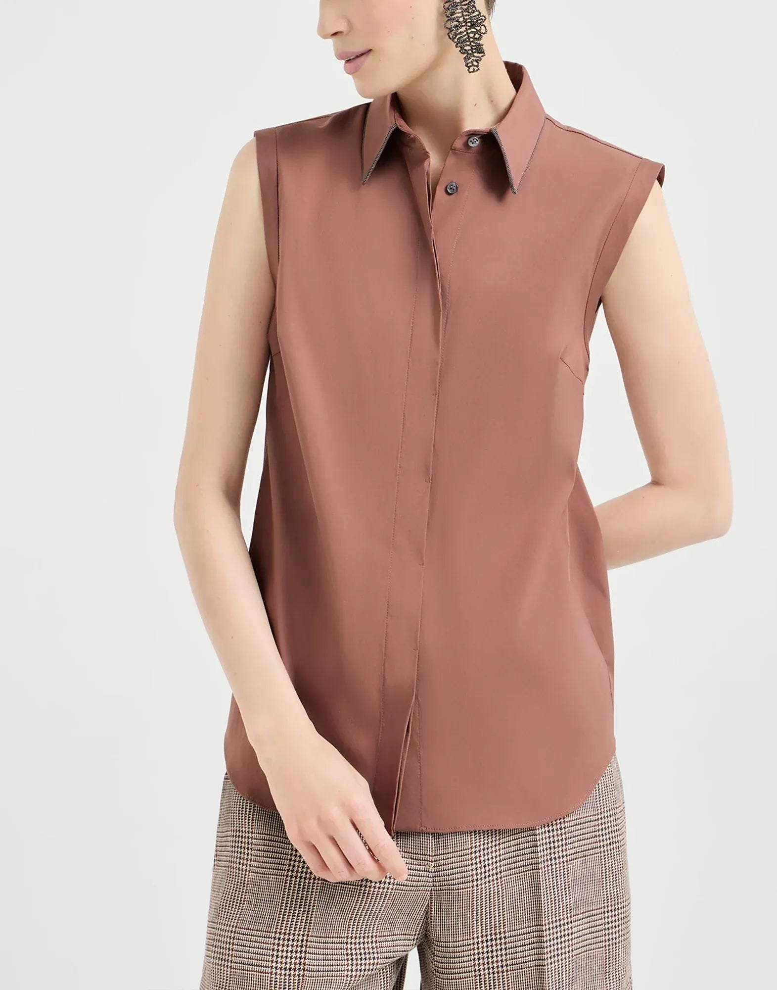 Brunello Cucinelli Firebrick Cotton Poplin Sleeveless Shirt
