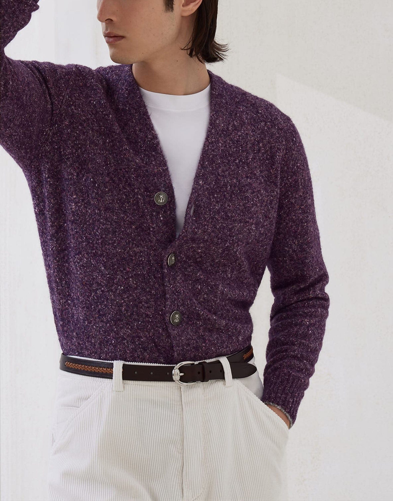 Brunello Cucinelli Flecked Alpaca Blend Metal Button Cardigan