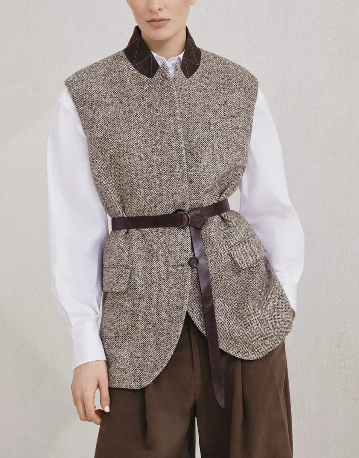 Brunello Cucinelli Flecked Chevron Belted Vest