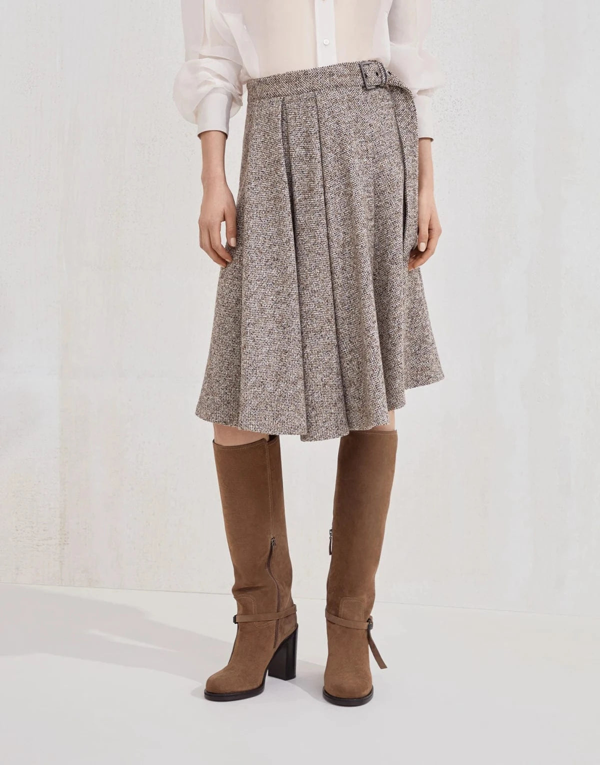 Brunello Cucinelli Flecked Wool-Silk Blend Chevron Skirt