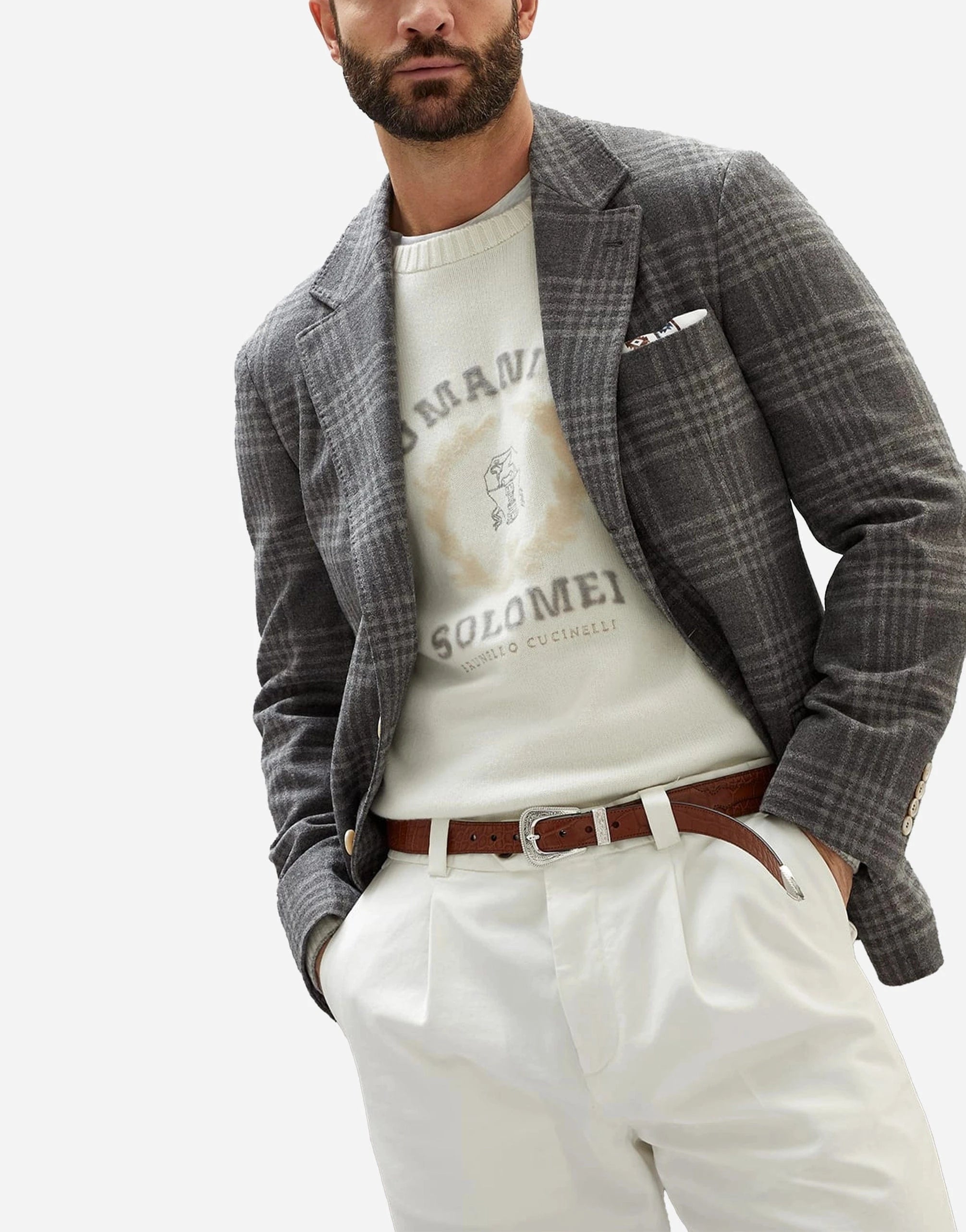 Brunello Cucinelli Frisé Wool-Silk Blend Tartan Deconstructed Blazer