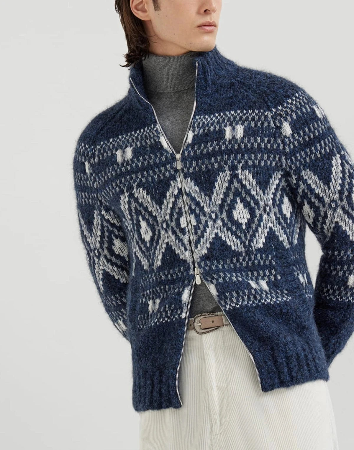 Brunello Cucinelli Geometric Jacquard Zip-Up Cardigan