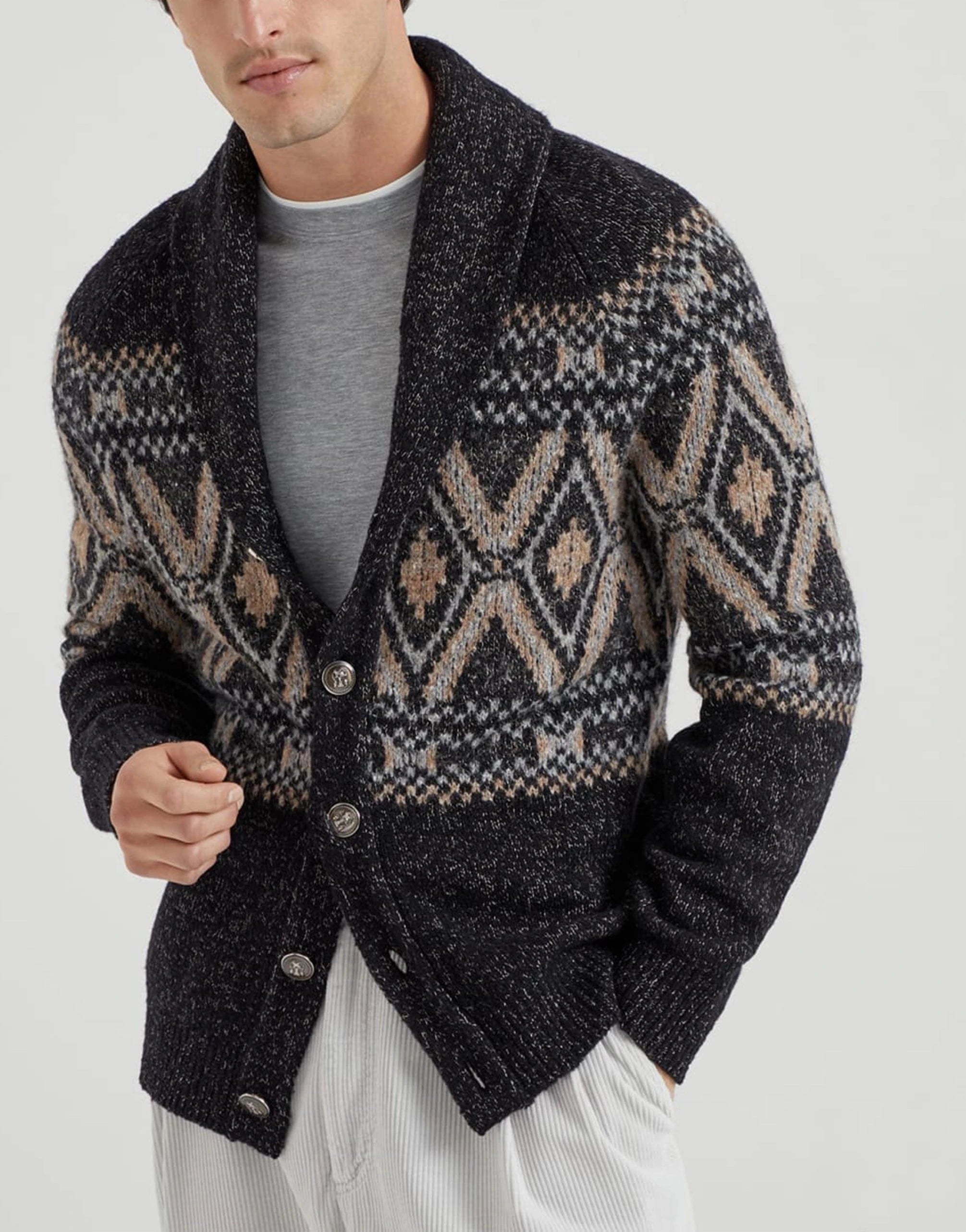 Brunello Cucinelli Geometric Mouliné Jacquard Cardigan
