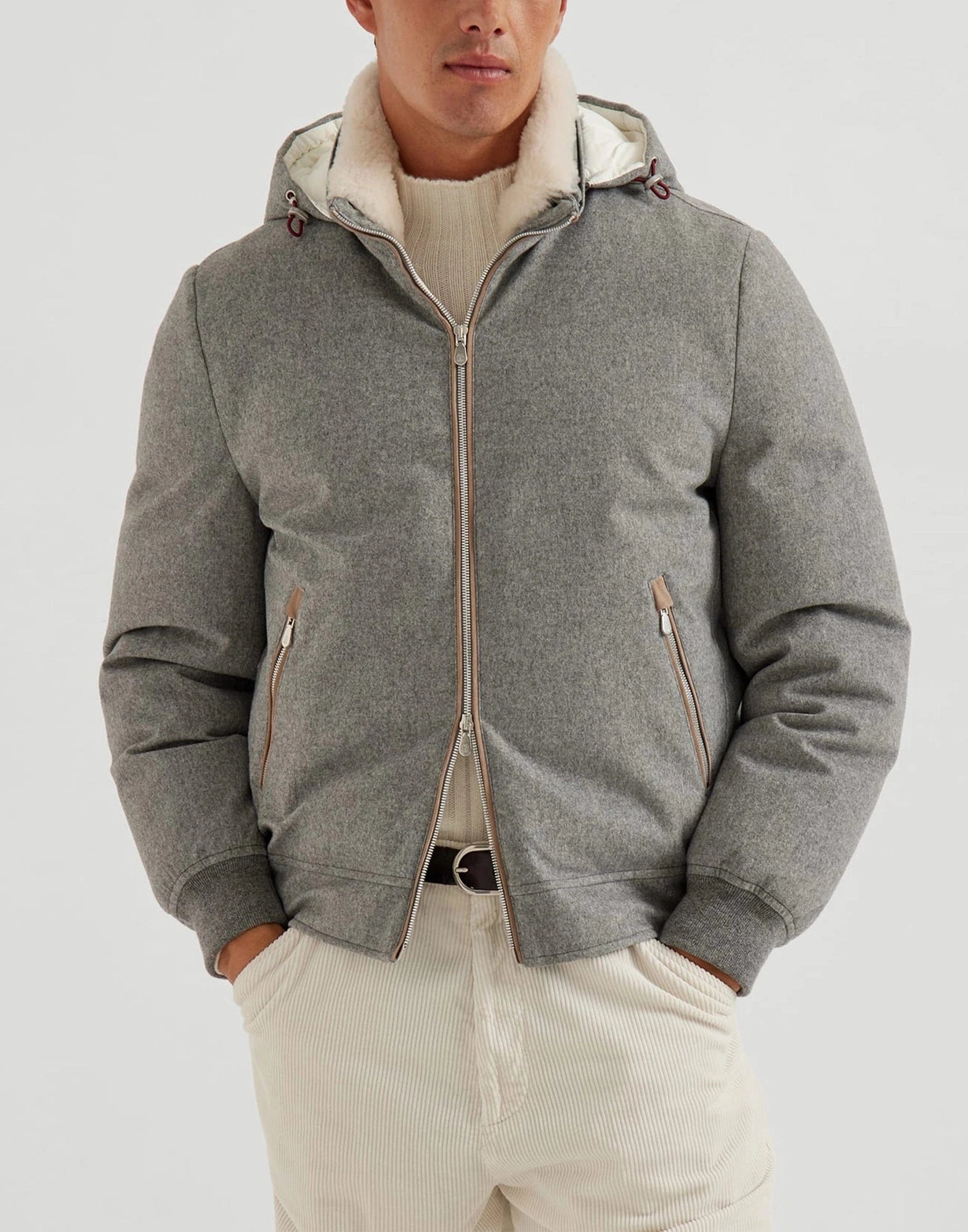 Brunello Cucinelli Grey Bonded Wool Flannel Down Jacket