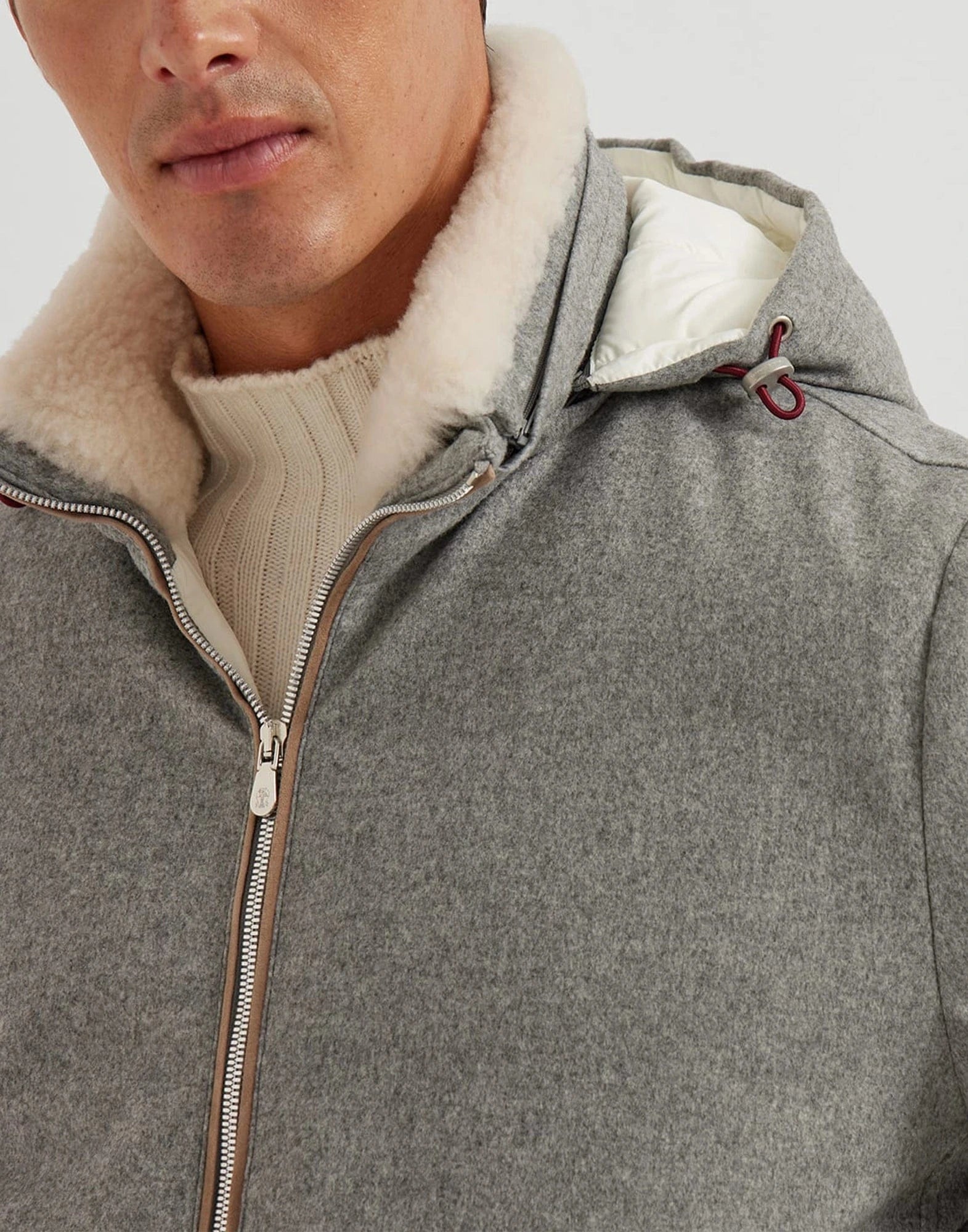 Brunello Cucinelli Grey Bonded Wool Flannel Down Jacket