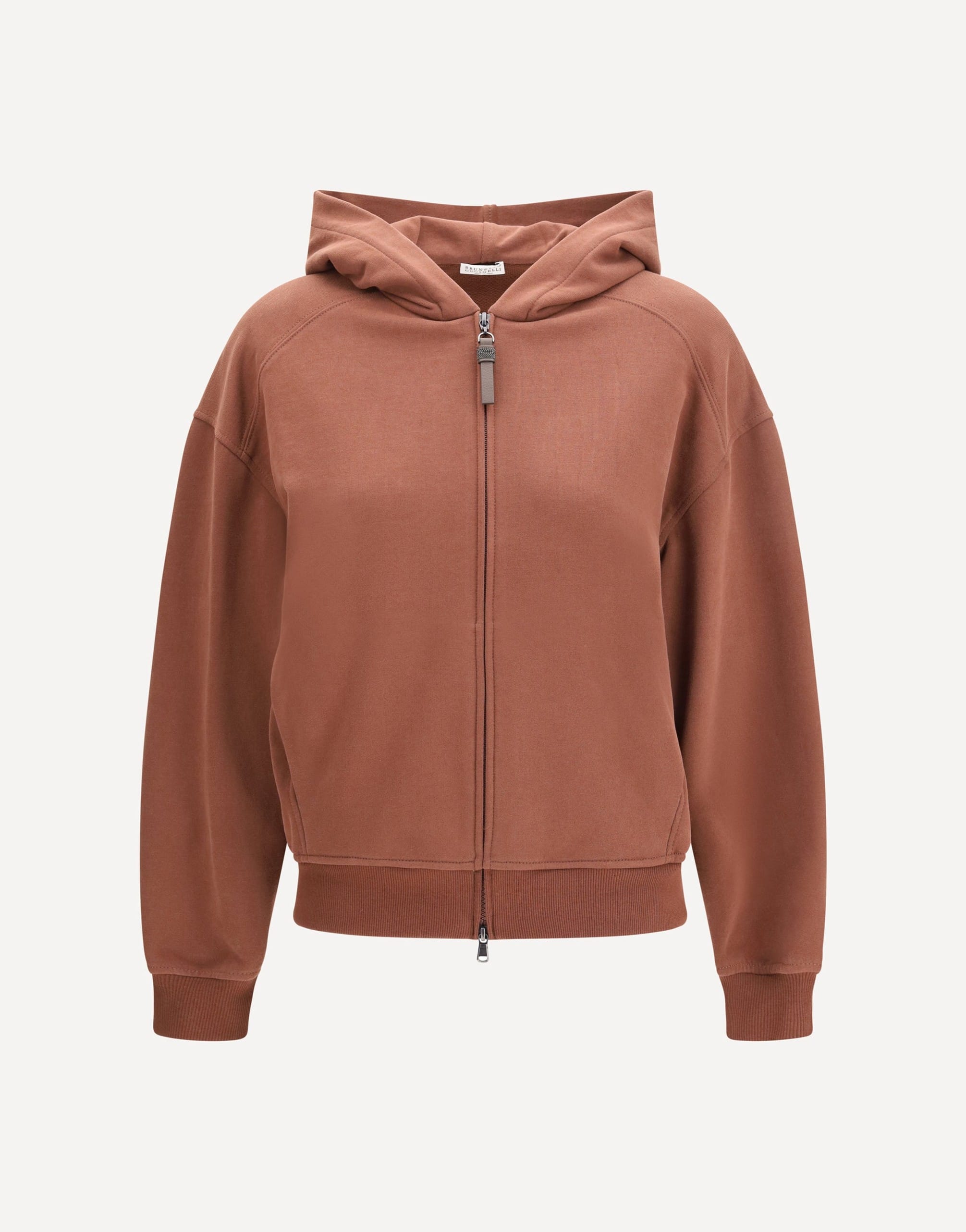 Brunello Cucinelli Hooded Smooth Cotton Sweatshirt Shiny Zipper Pull