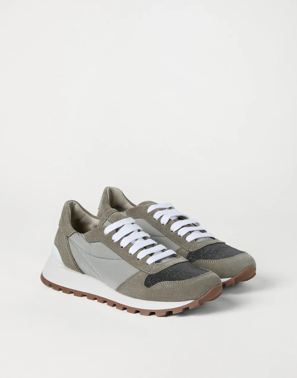 Brunello Cucinelli 카키 테크노 패브릭 프레셔스 토 스니커즈