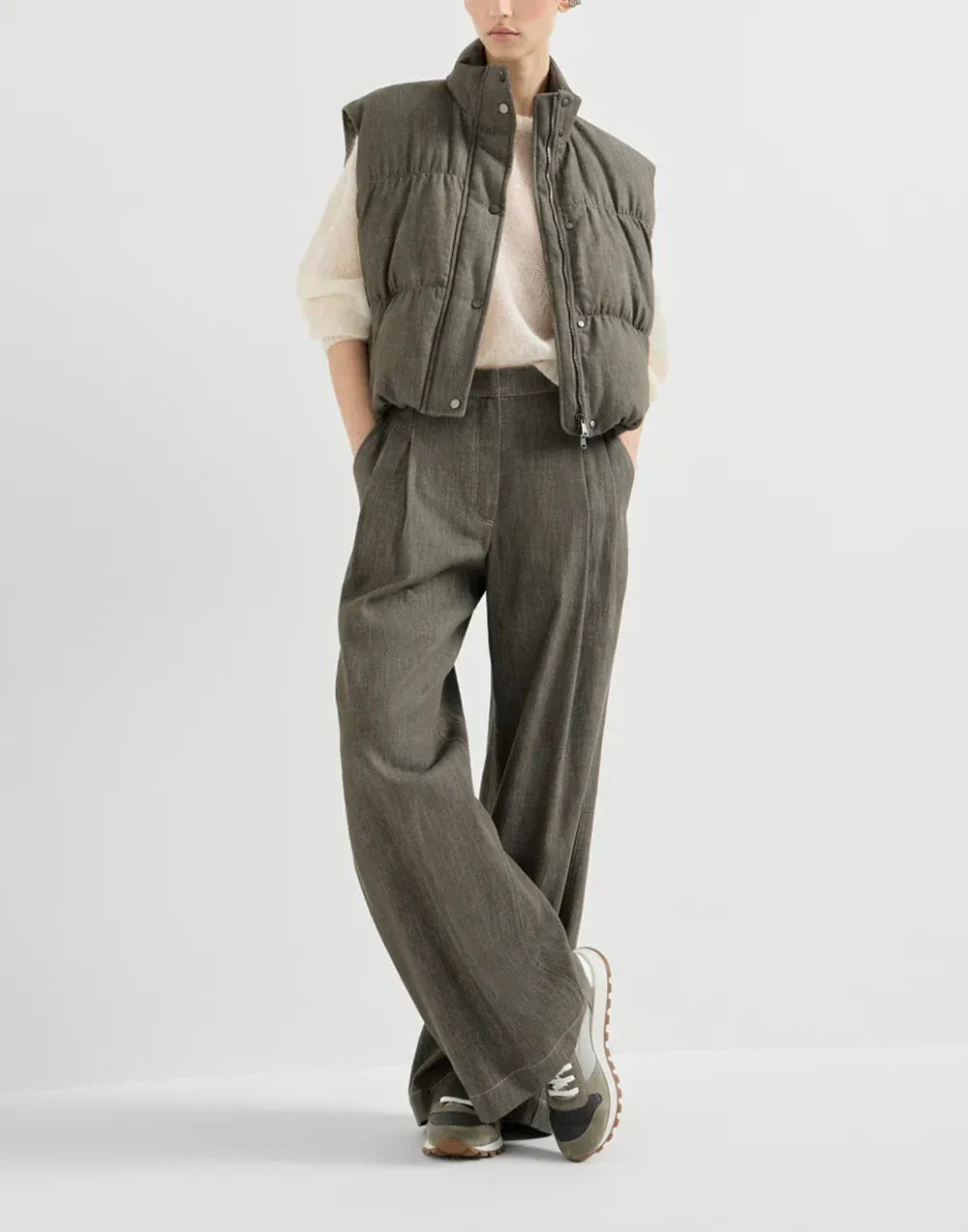 Brunello Cucinelli 카키 테크노 패브릭 프레셔스 토 스니커즈