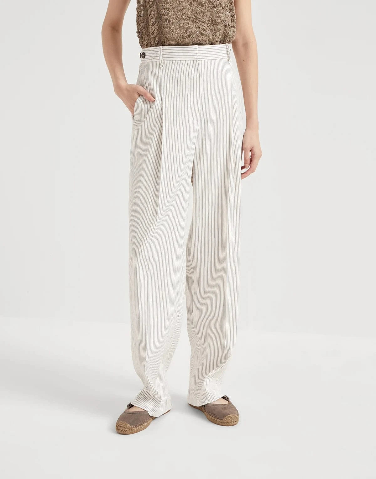 Brunello Cucinelli Linen-Cotton Blend Chalk Stripe Twill Trousers